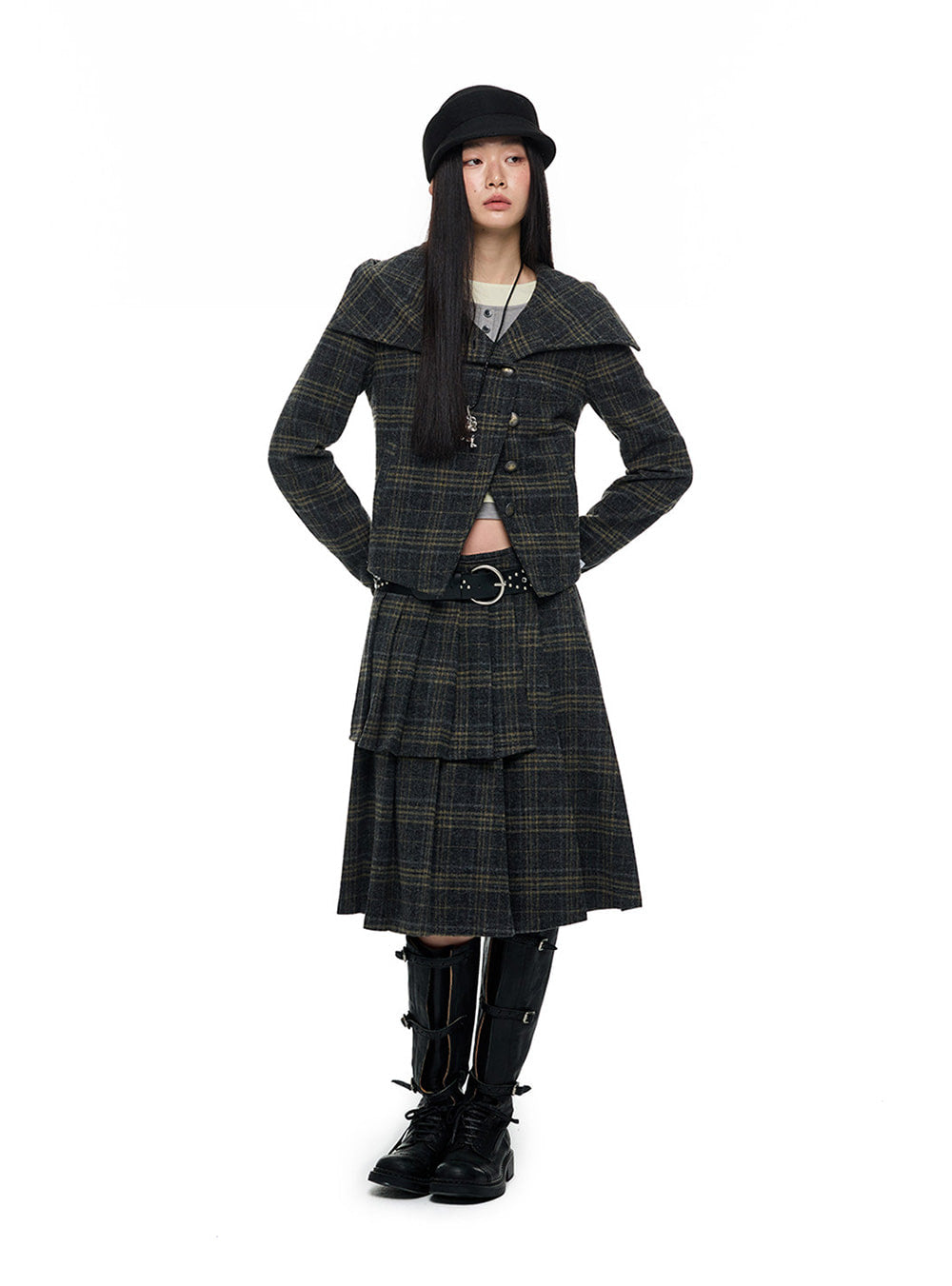 Wool Check Hood Jacket & Pleated Skirt
