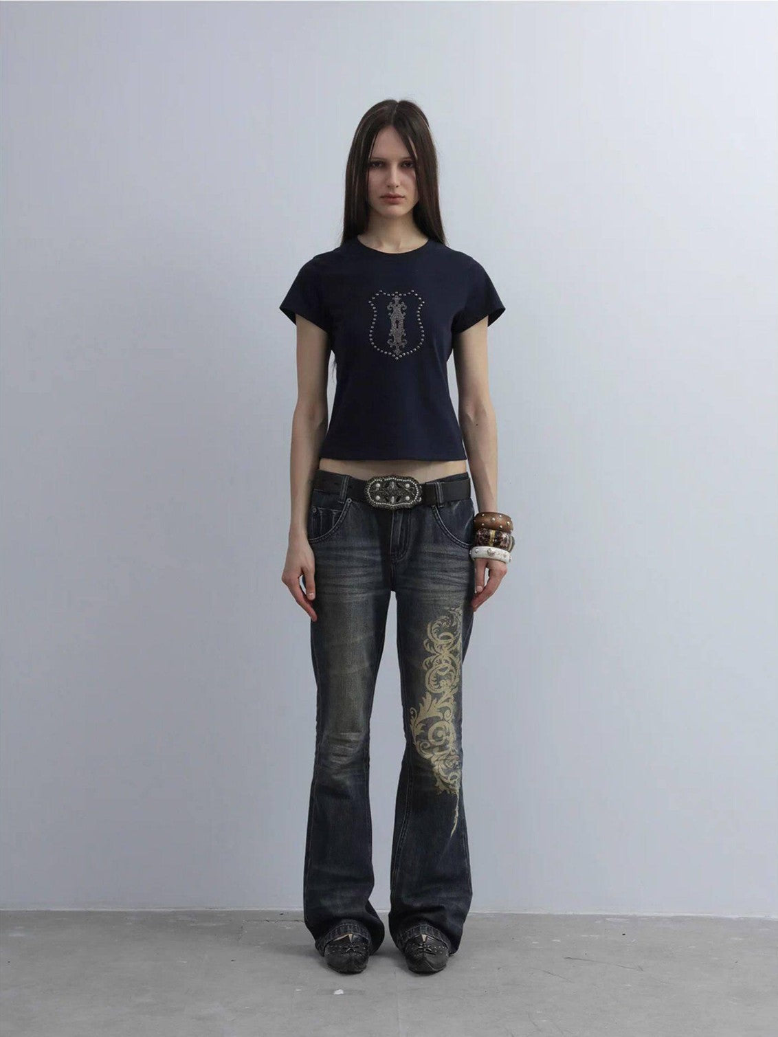 Cropped Hotfix Rhinestone Slim Fit Vintage Women'S Cotton Short Sleeve T-Shirts