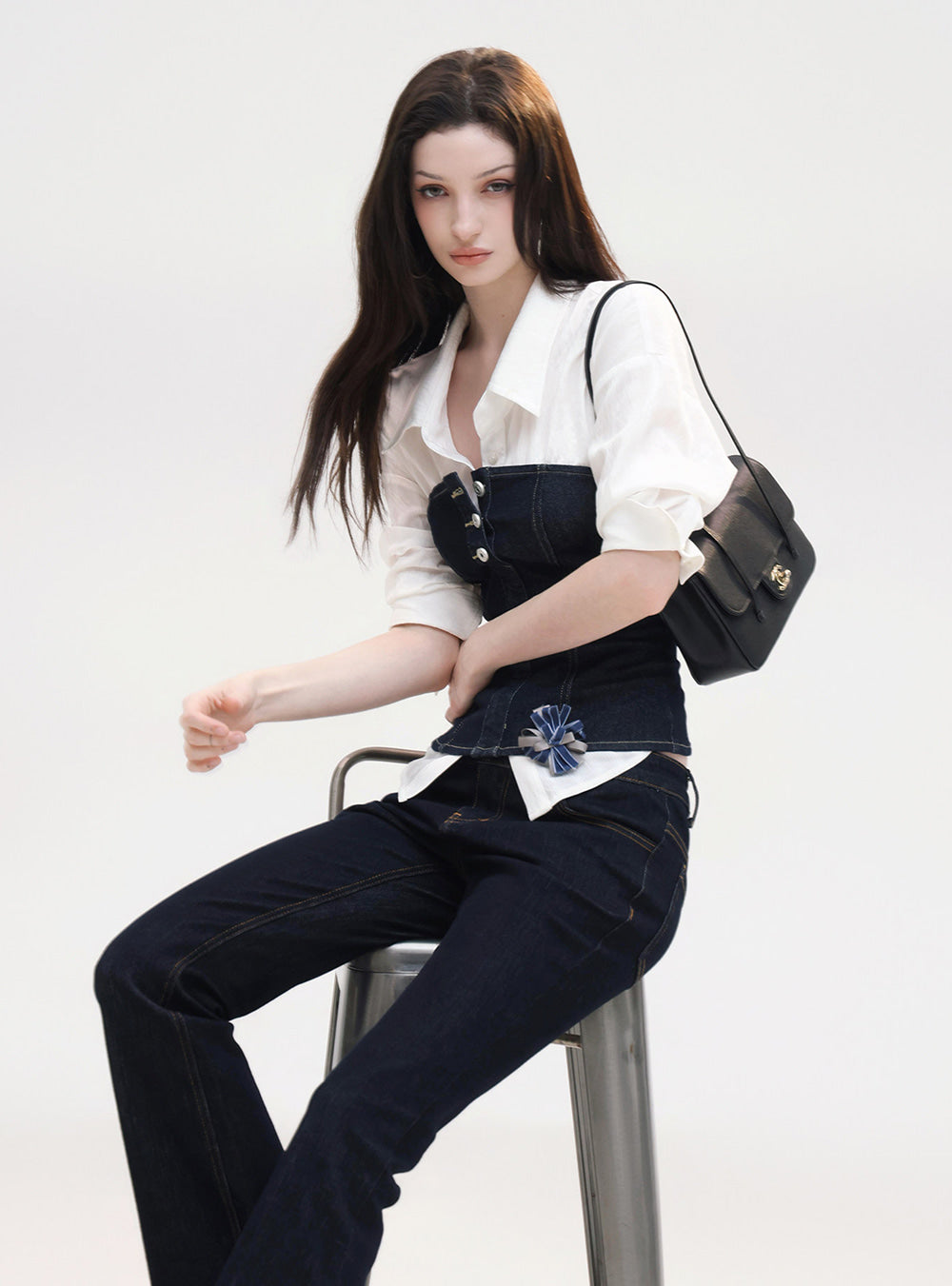 Denim Bandeau Top With Shirt & Denim Pants