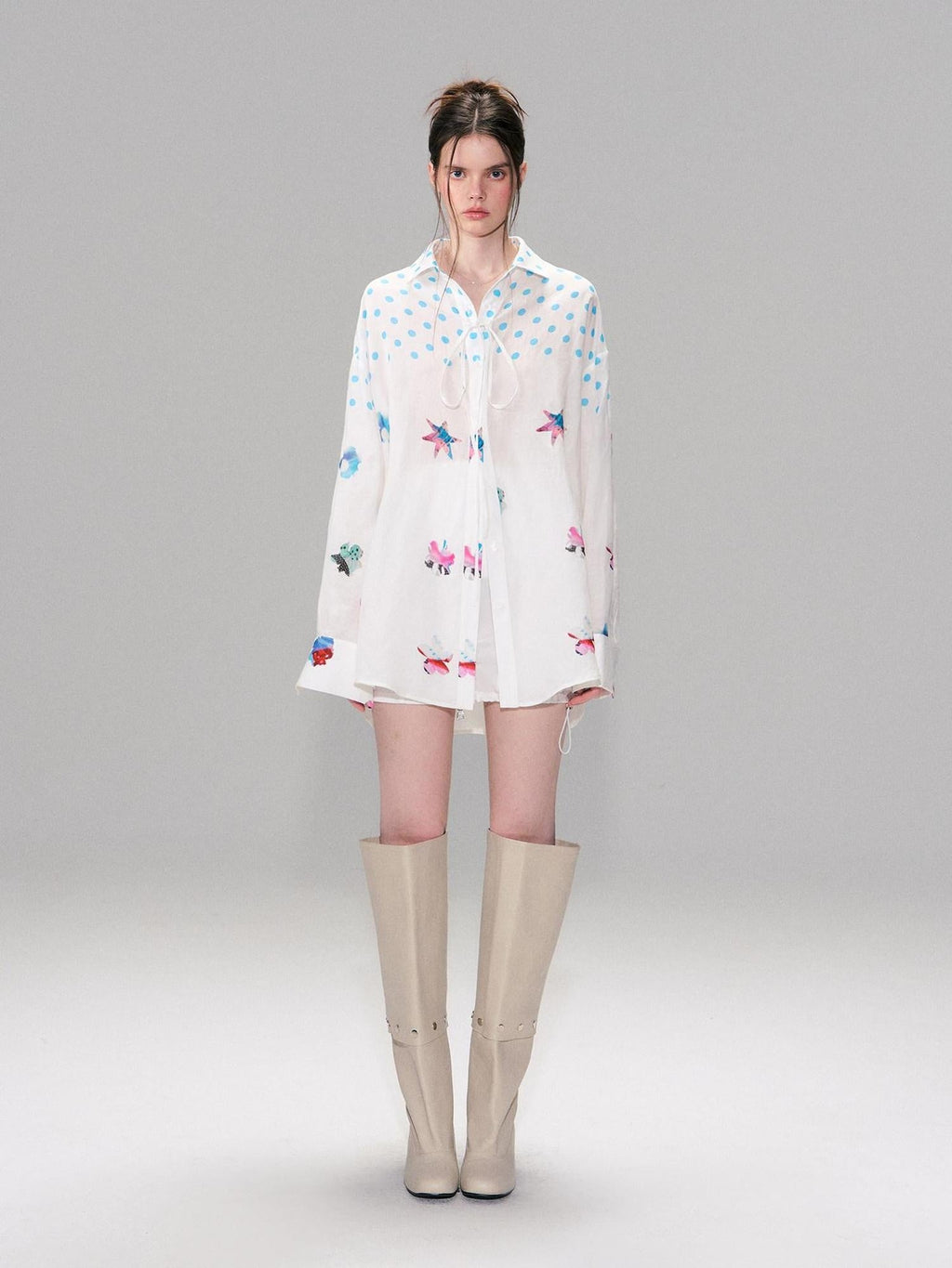 Soft Breathable Linen Blend Relaxed Drop Shoulder Polka Dot Long Sleeve Shirts