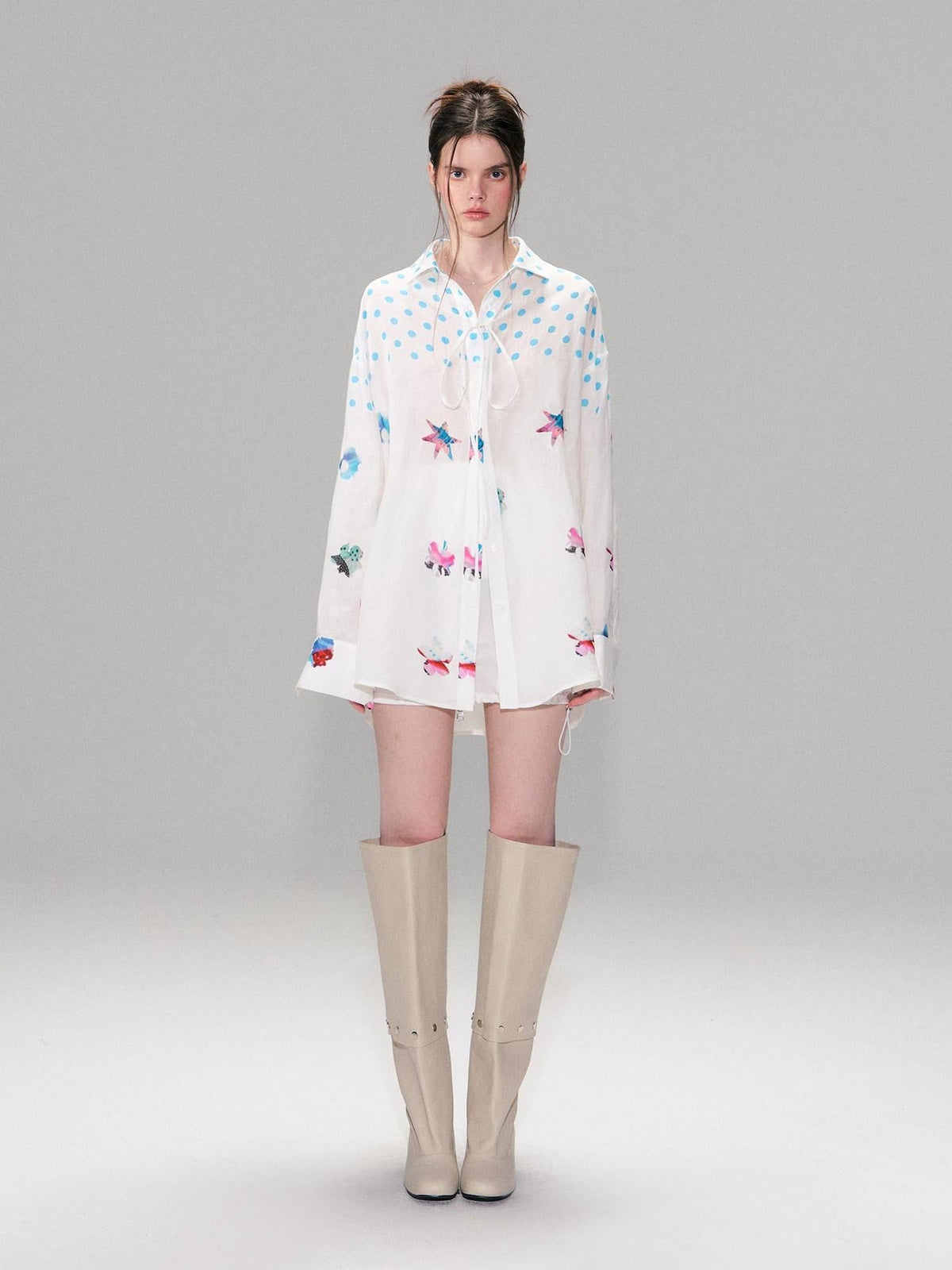 Soft Breathable Linen Blend Relaxed Drop Shoulder Polka Dot Long Sleeve Shirts