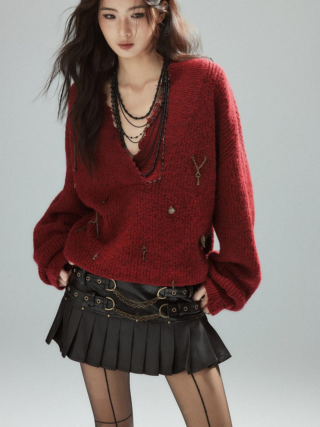 Low Waist Pleated A Line Street Patchwork Chain Zipper Lined Black Mini Skirts