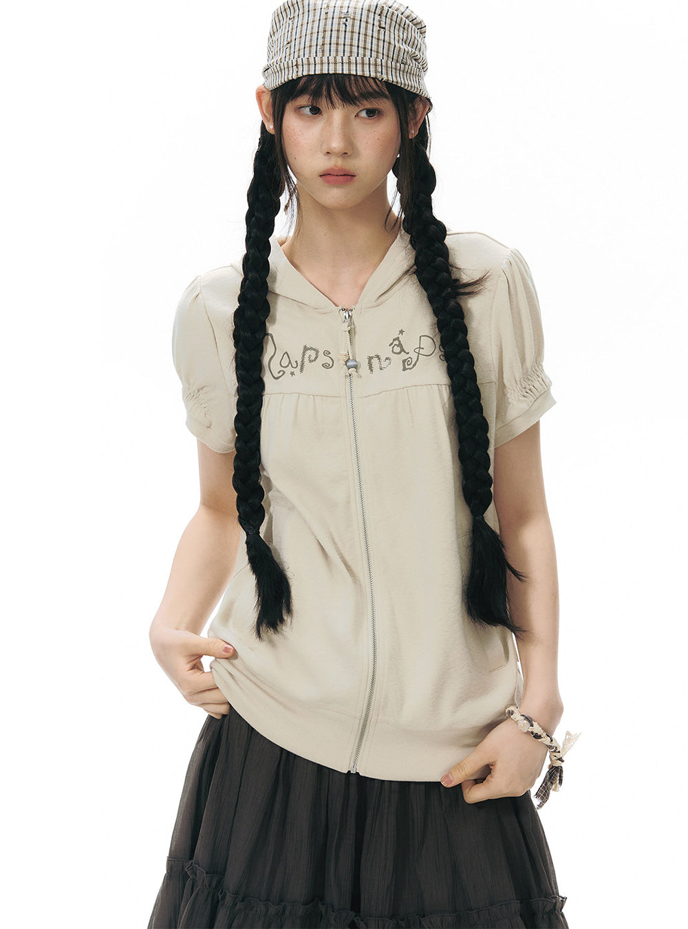 Text Embroidered Hood Zip-Up Top