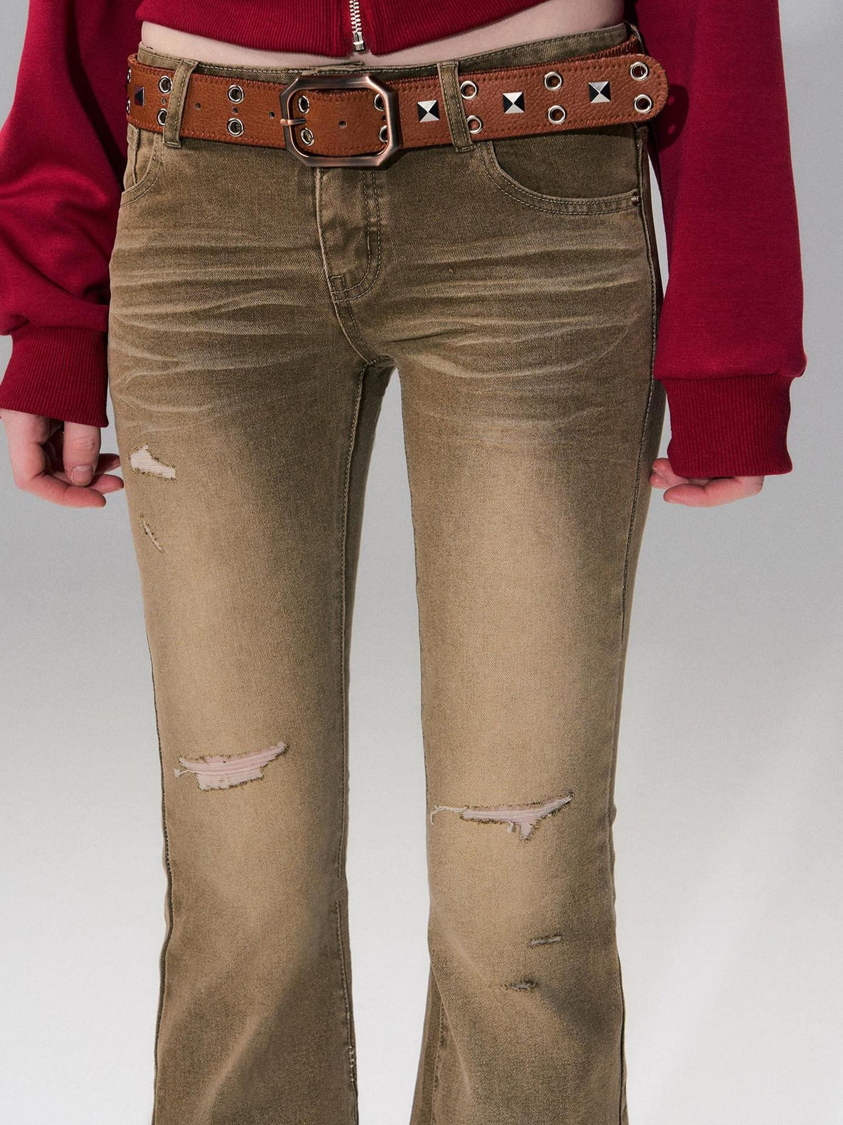 Brown Washed Low Rise Ripped Sexy Slim Fit Cotton Slight Stretch Womens Jeans