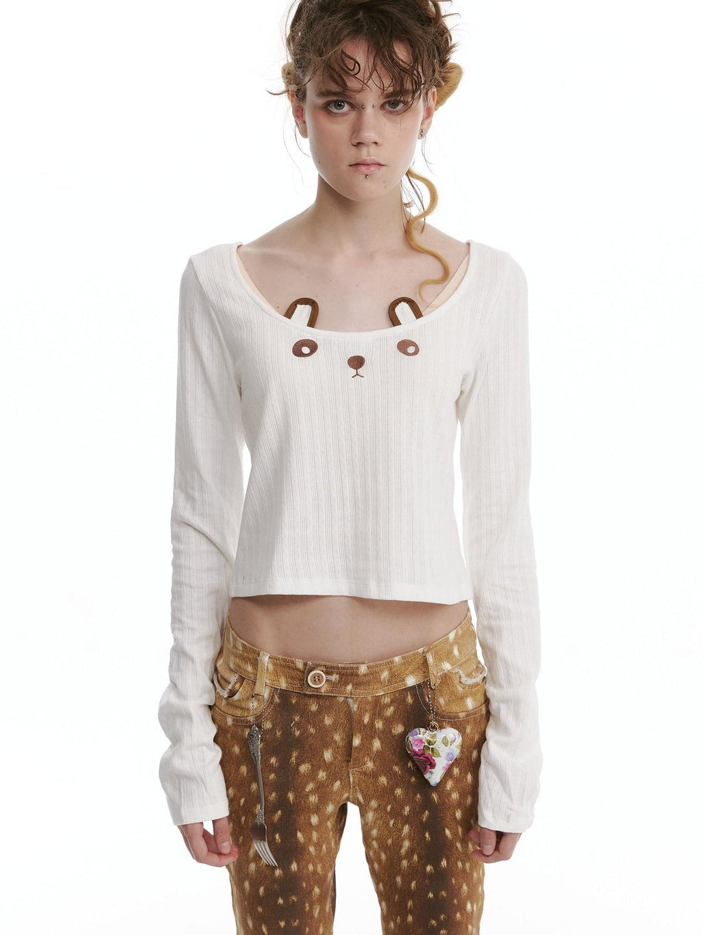 Pure Cotton Long Sleeve Casual Cute Bear Women Off Shoulder Crop Tops