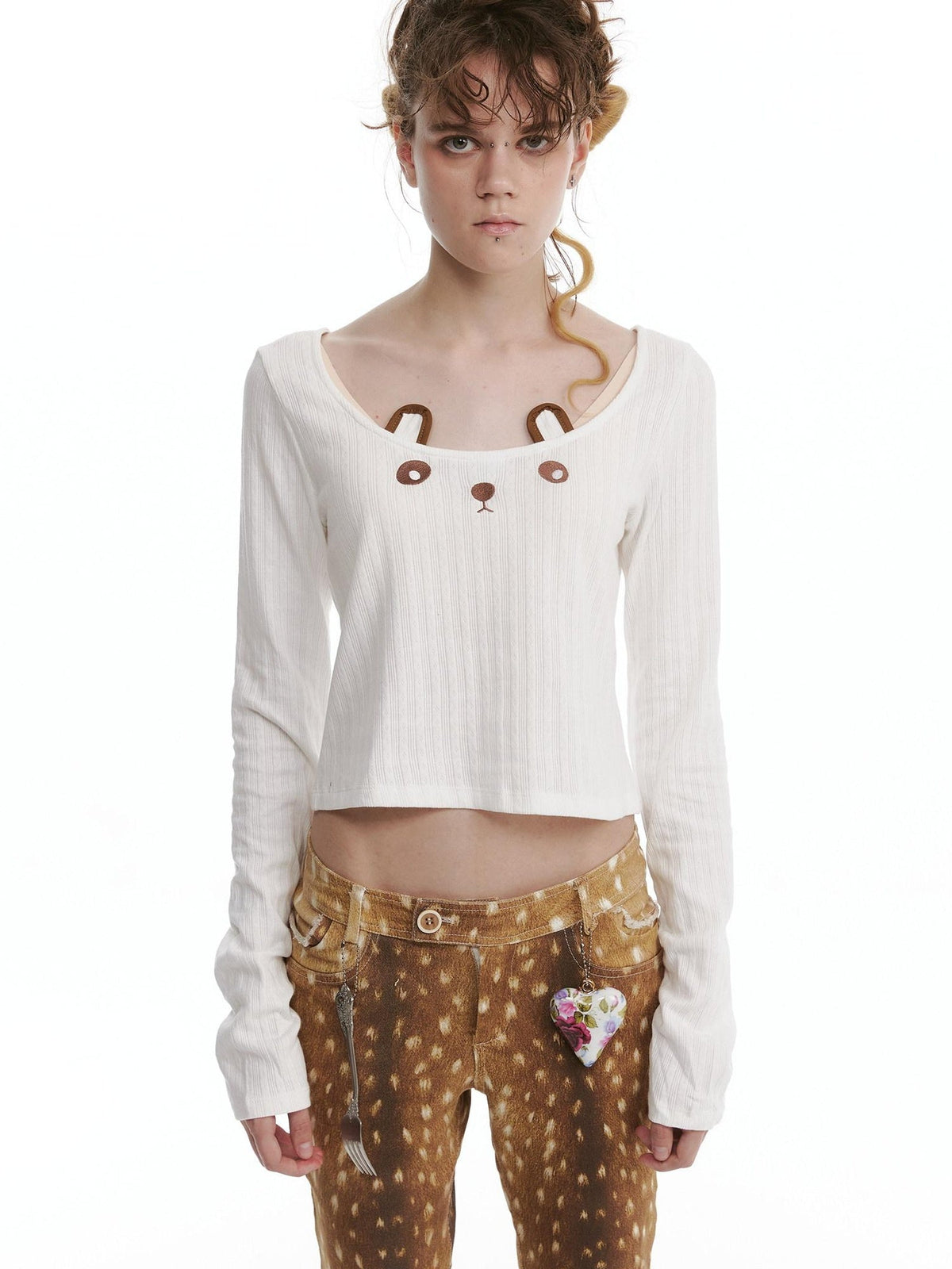 Pure Cotton Long Sleeve Casual Cute Bear Women Off Shoulder Crop Tops