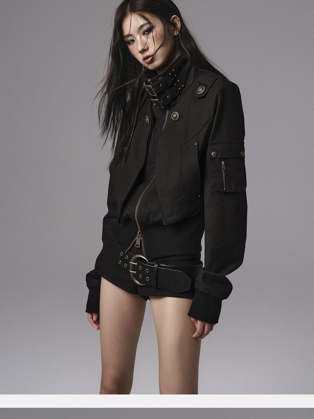 Windproof Vintage Slim Metal Detail Women Cotton Lyocell Button Cropped Jackets