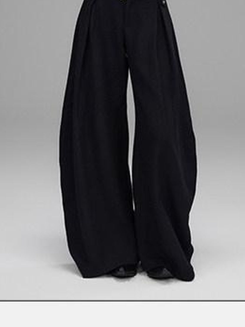 Black Wool Blend Low Rise Zipper Casual Straight Hem Women Wide Leg Pants