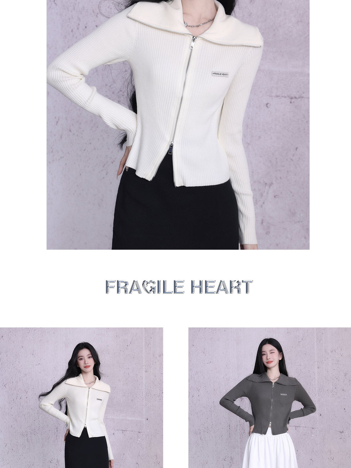 Rib Knit Top With Double Zipper