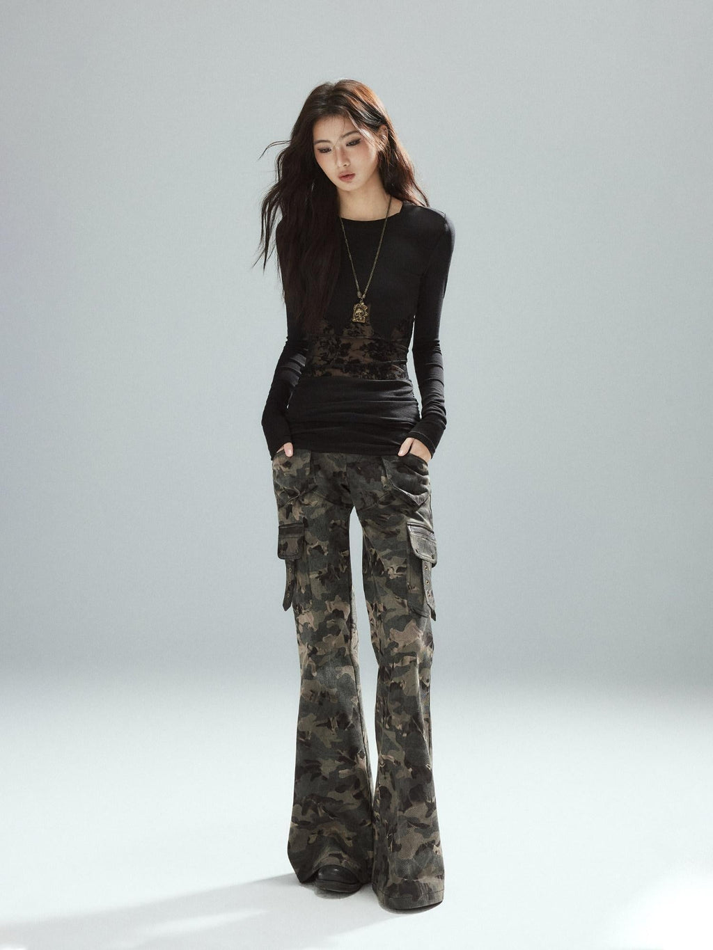 Asymmetrical Patchwork Slim Streetwear Black Lyocell Long Sleeve T-Shirts