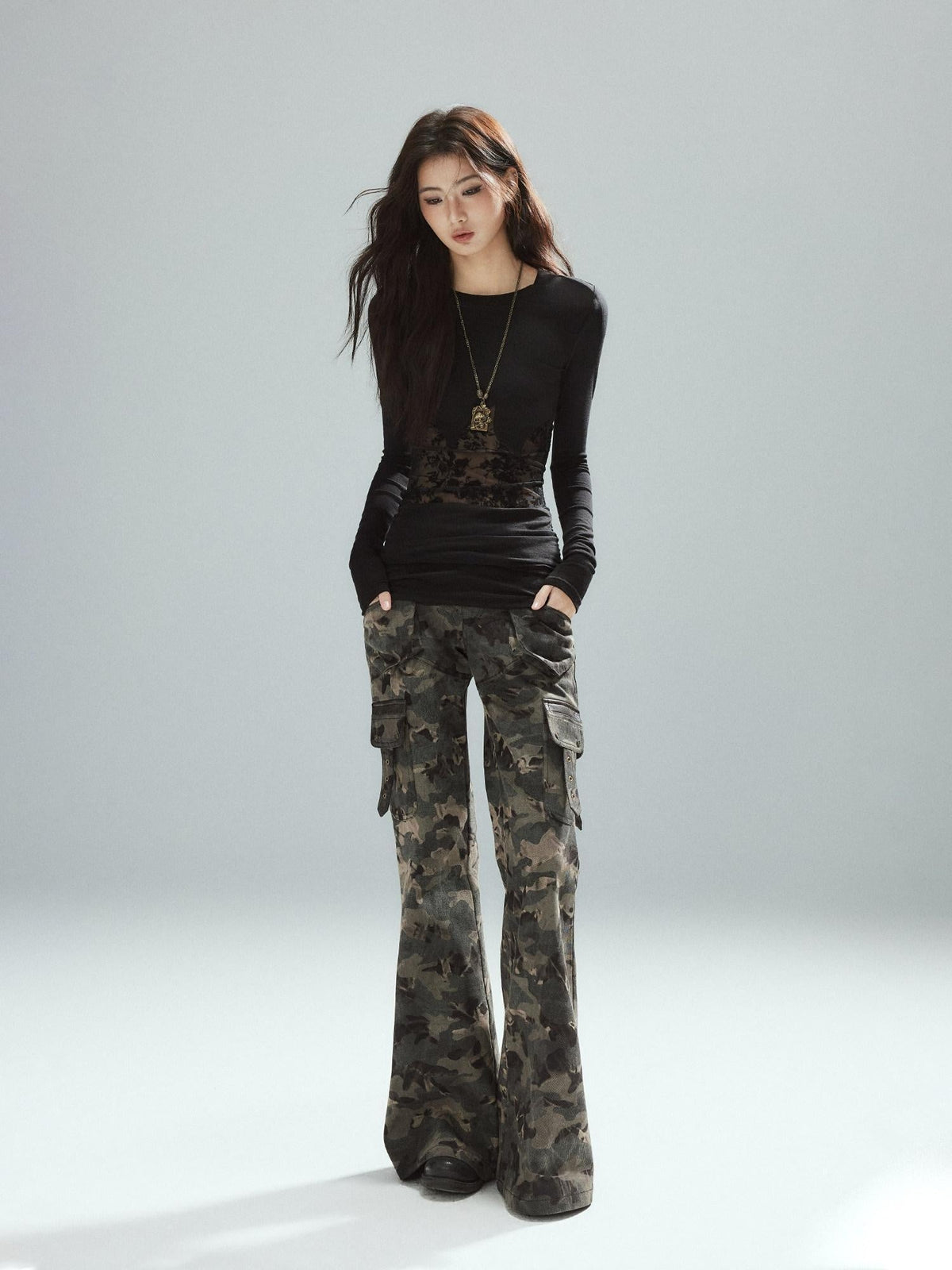 Asymmetrical Patchwork Slim Streetwear Black Lyocell Long Sleeve T-Shirts