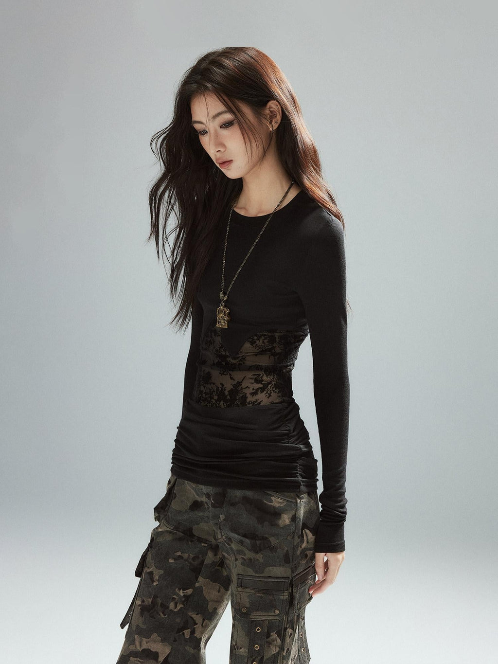 Asymmetrical Patchwork Slim Streetwear Black Lyocell Long Sleeve T-Shirts