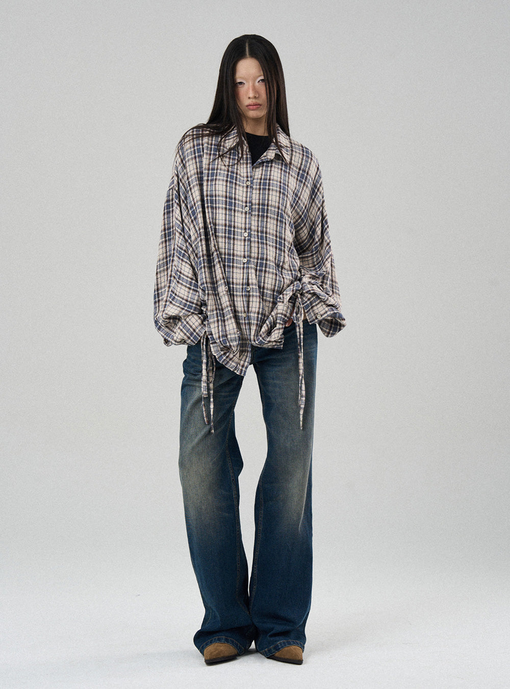 Drawstring Check Oversized Shirt