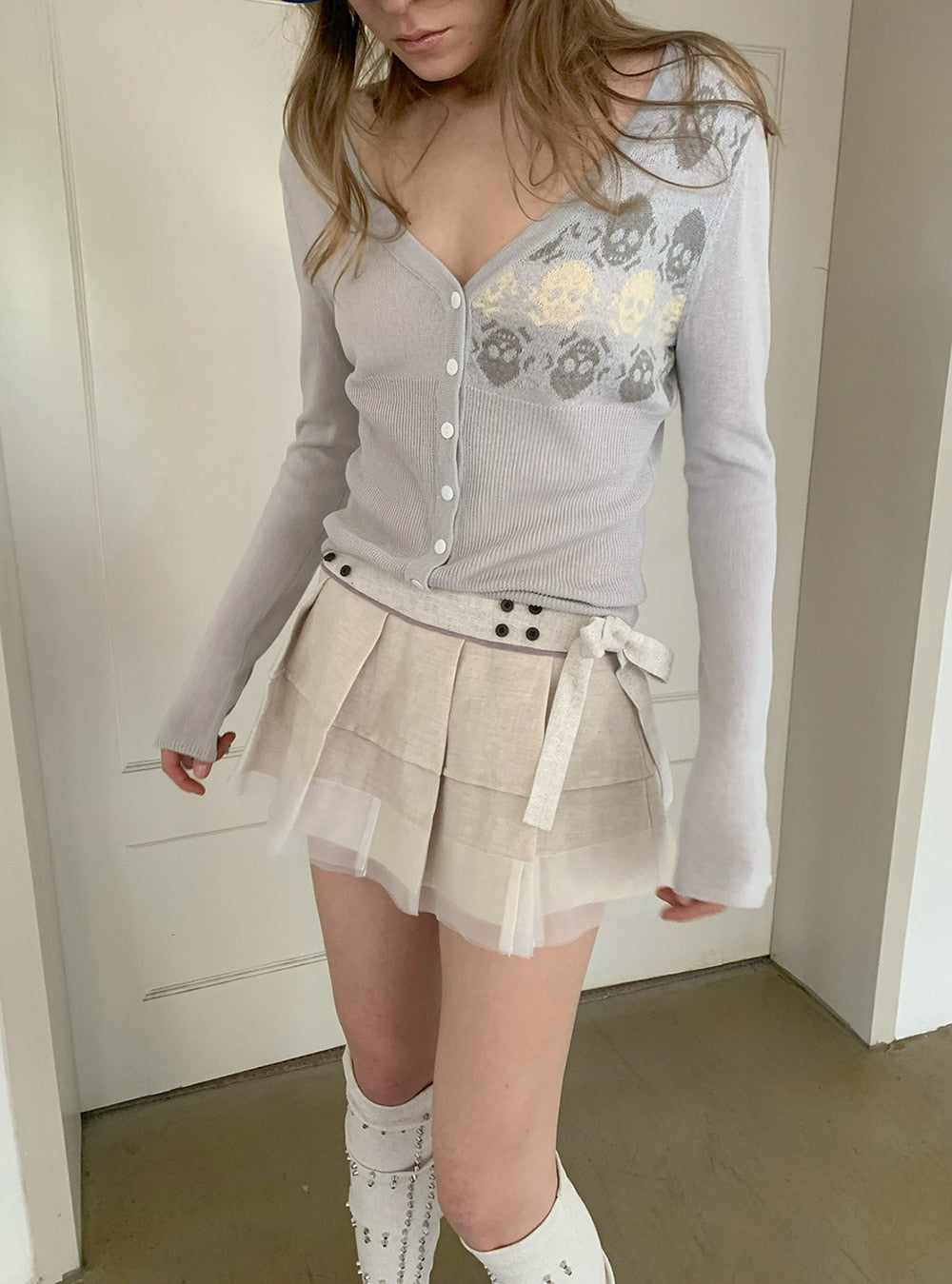 Muted Grey Skull Jacquard Cardigan
