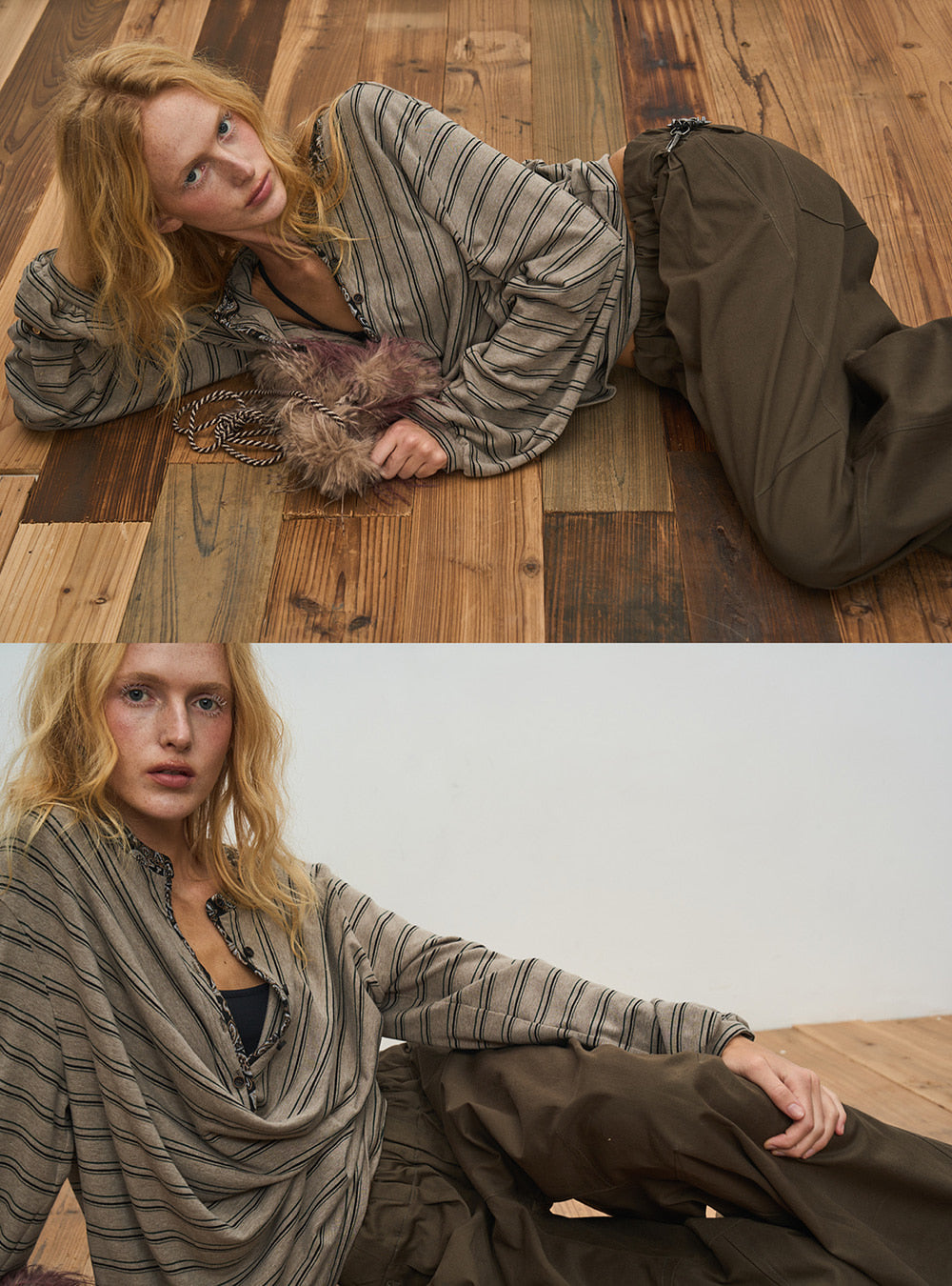 Brown Stripe Loose-Fit Stand Collar Top