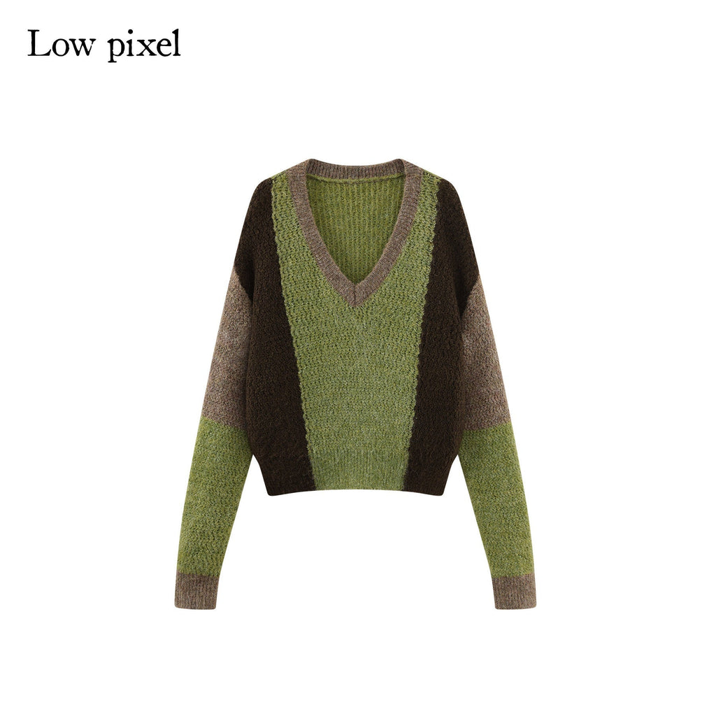 Thick Sheep Wool Patchwork Streetwear Loose Fit V-neck Pullover Youth Sweaters