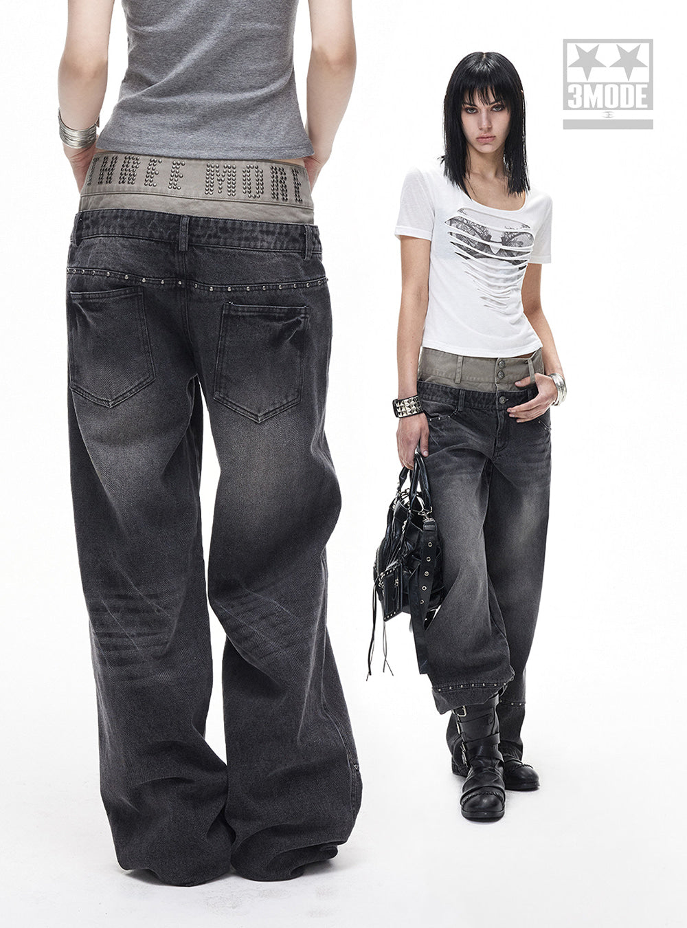 Stud Washed Wide Denim Pants