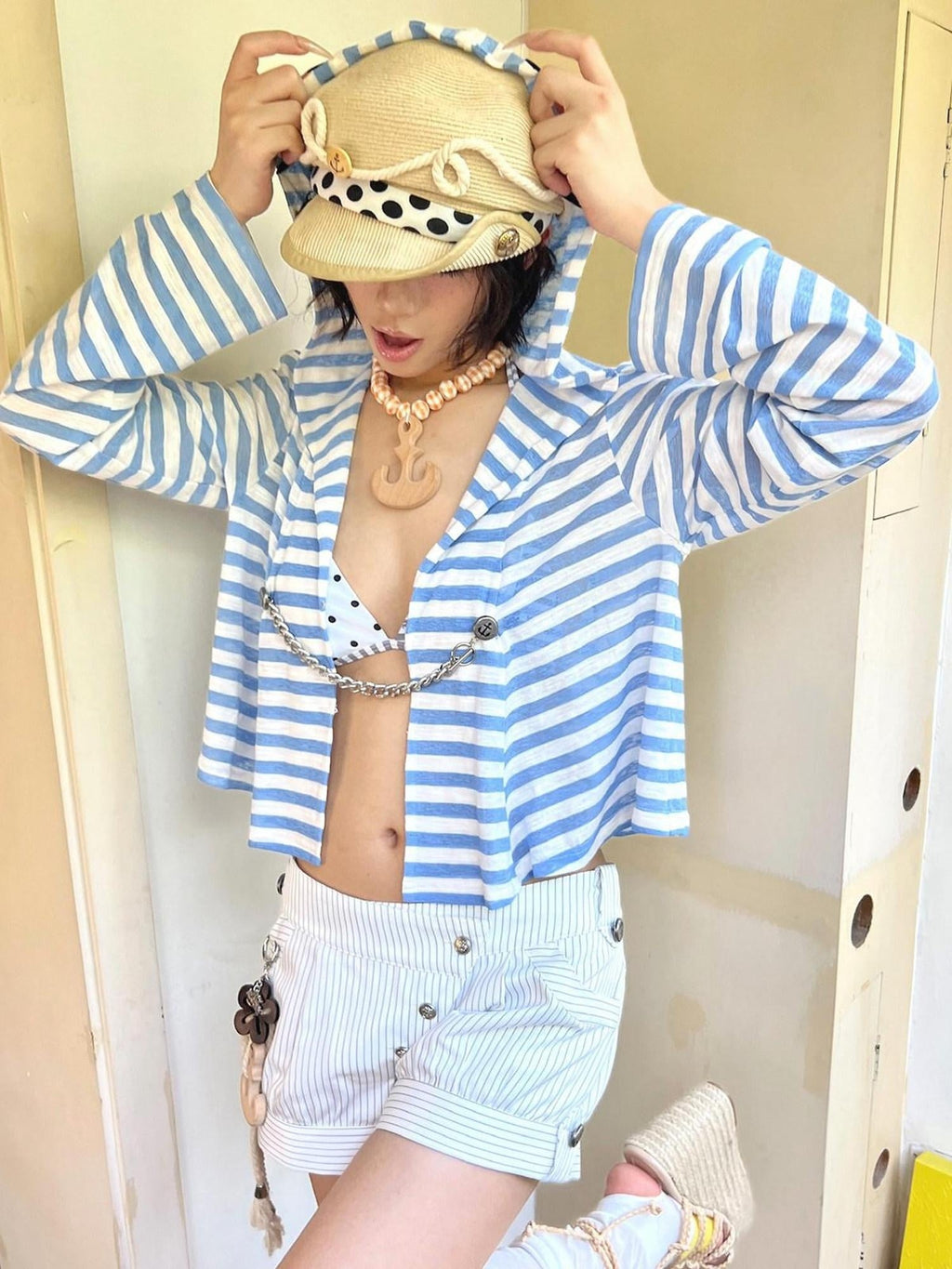 Uv Asymmetric Slim Longsleeve Women Blue Striped Cross Print Basic Crop Tops