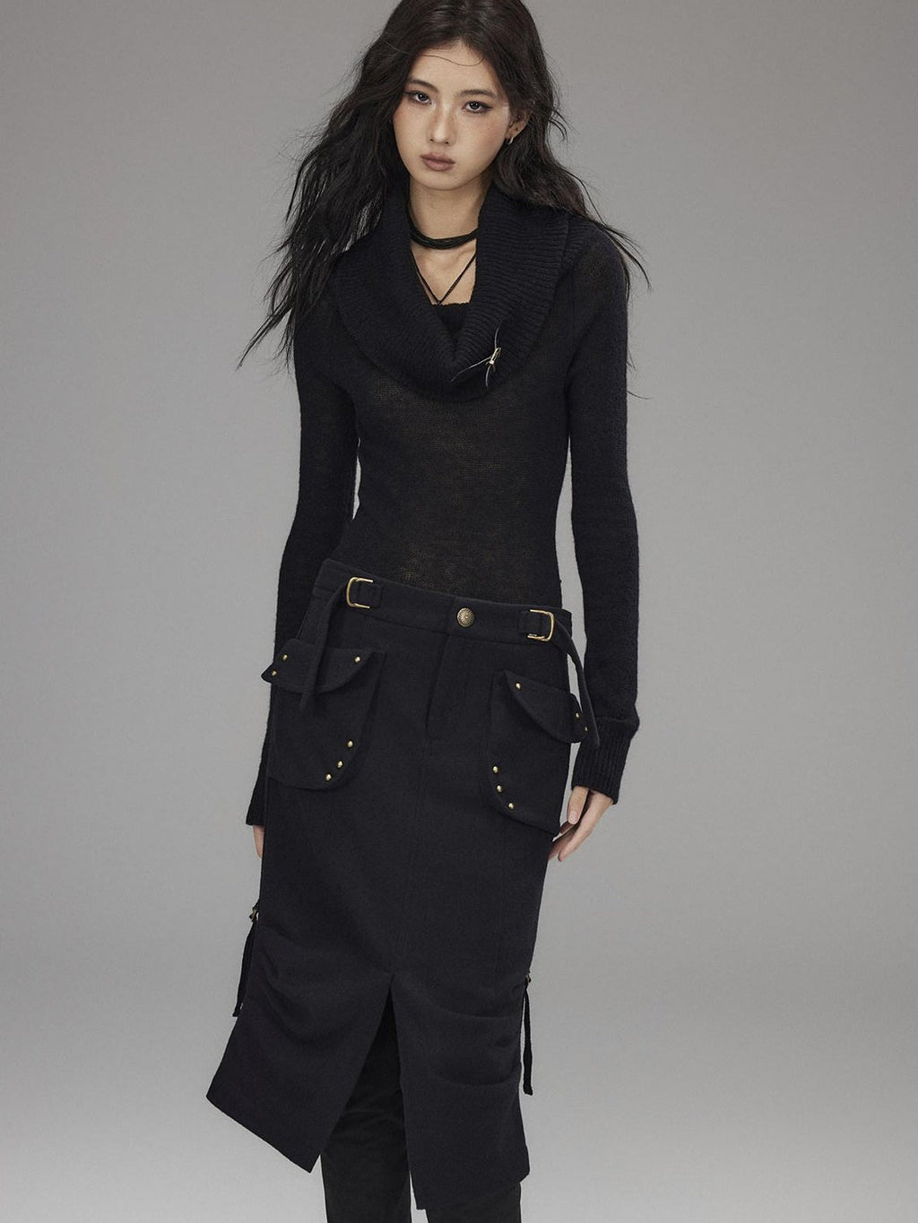 Wool Blend Low Rise Cargo Pockets Front Slit Hline Casual Black Midi Skirts