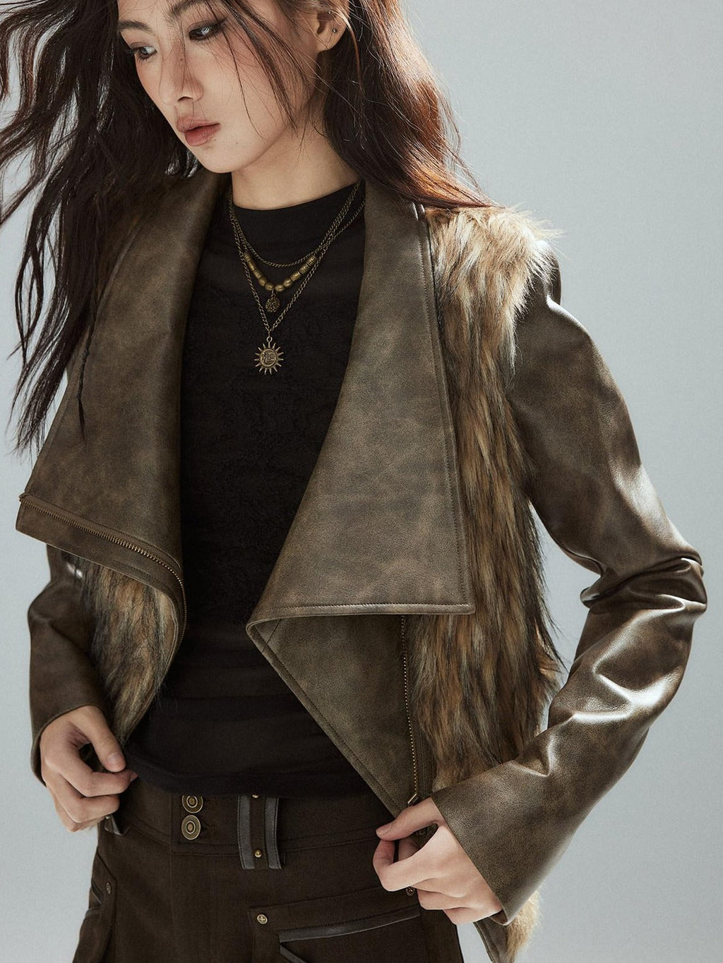 Thick Waist Cinch Patchwork Street Style Women Brown Zipper Lapel Cropped Jackets