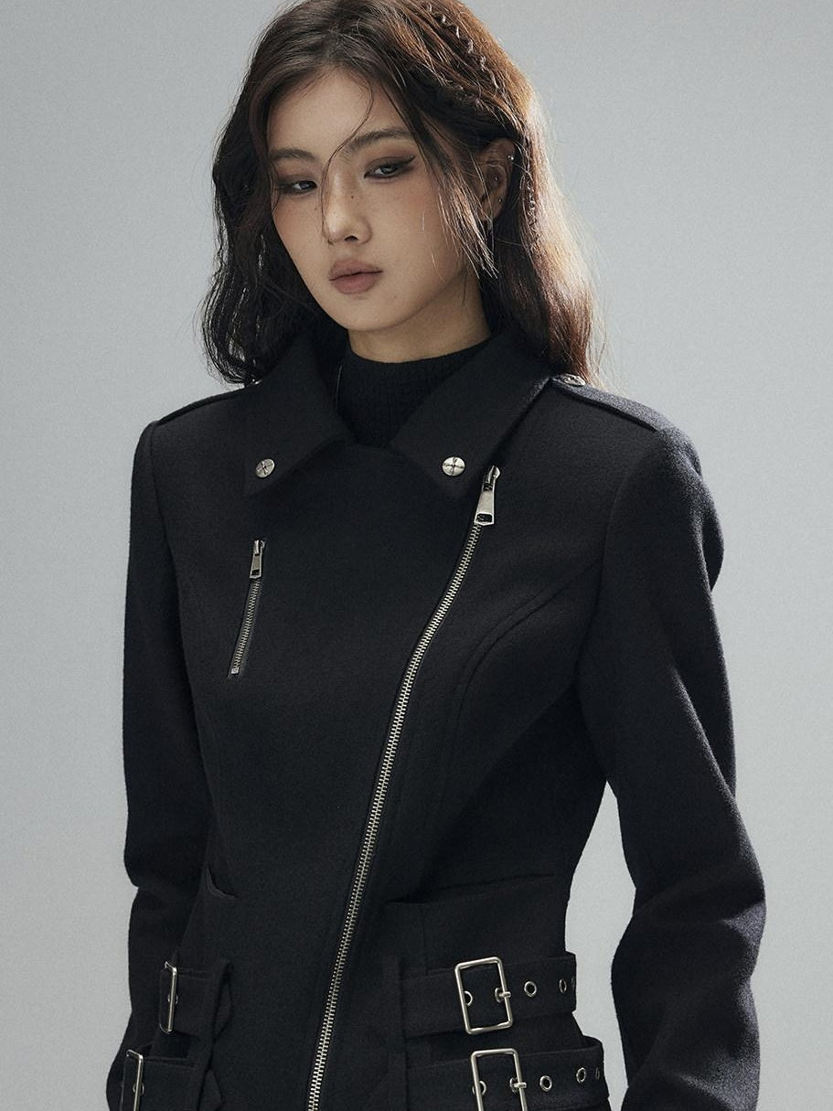 Wool Blend Thick Slim Fit Street Euro Zip Front Black Cropped Jackets