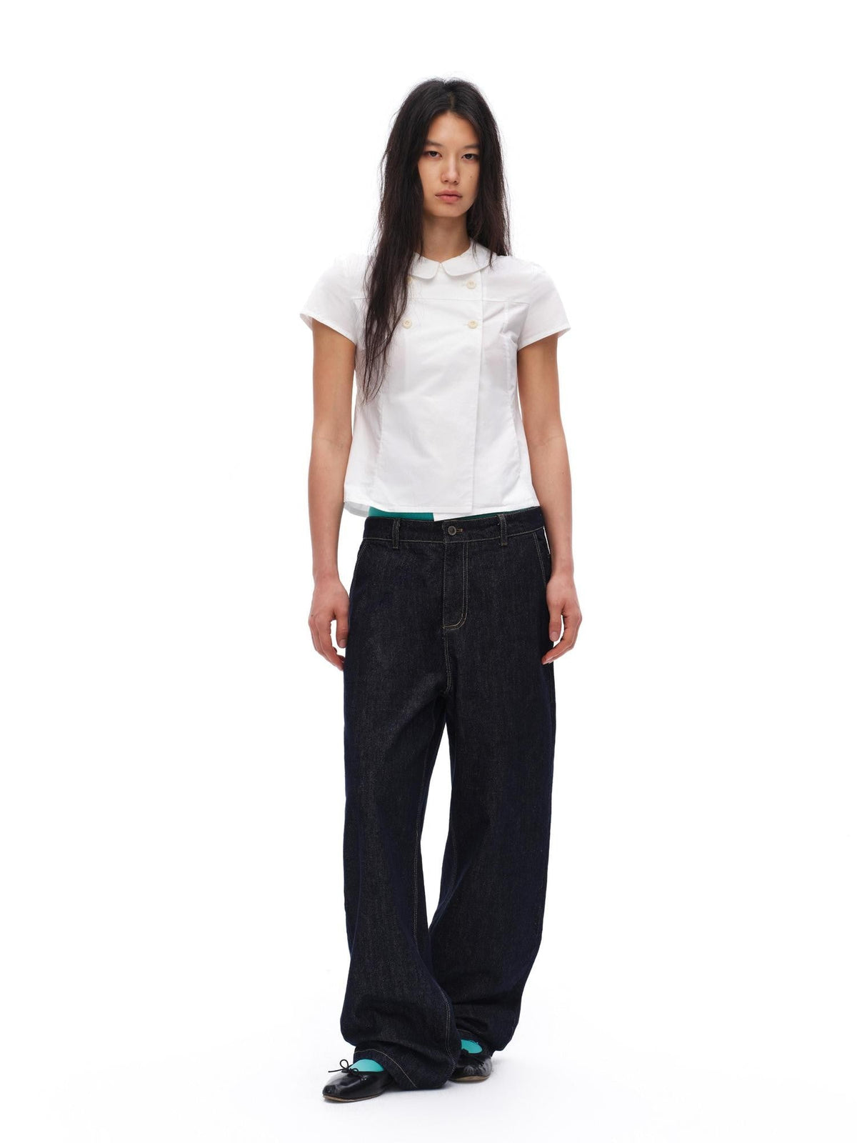 White Double Button Peter Pan Collar Slim Fit Short Sleeve Women'S Cotton Shirts