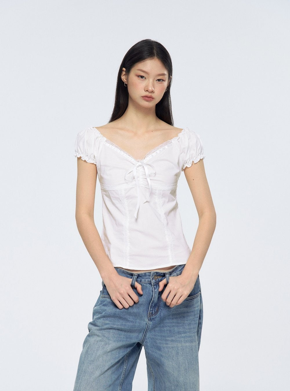 Lace Ribbon Puff Sleeve Top