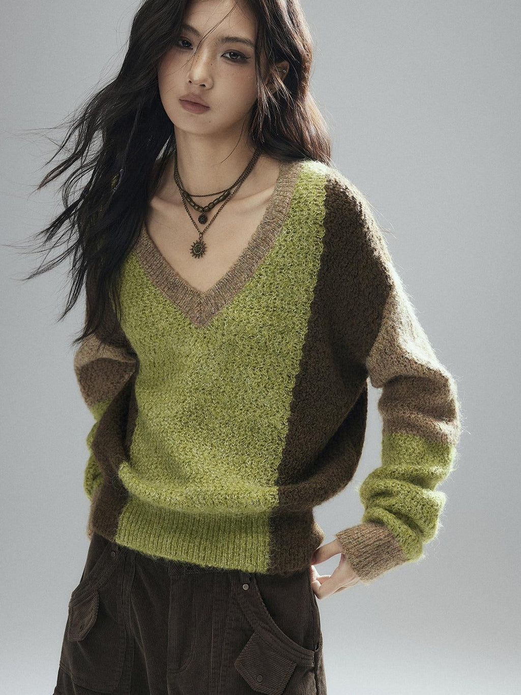 Thick Sheep Wool Patchwork Streetwear Loose Fit V-neck Pullover Youth Sweaters