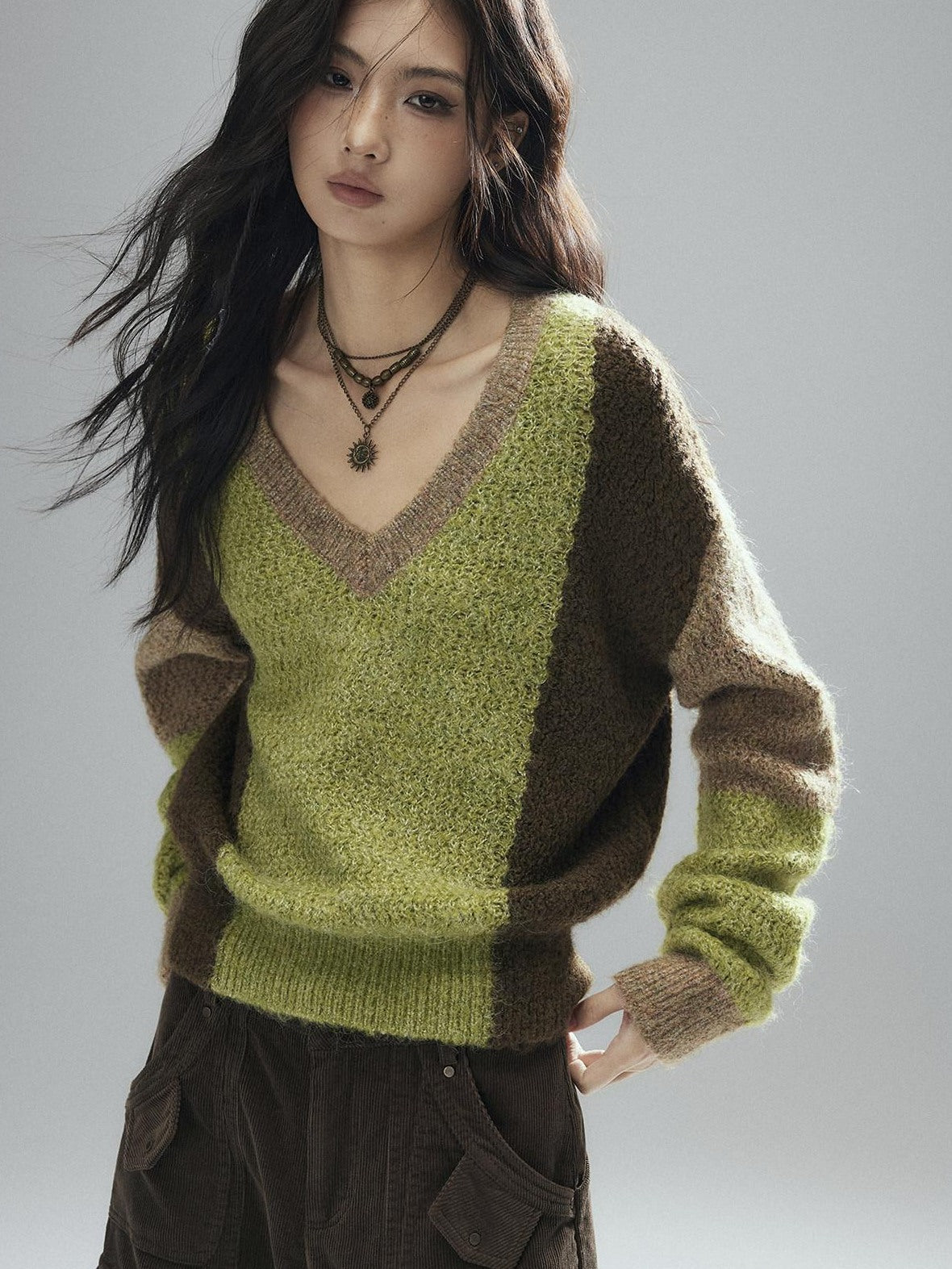 Thick Sheep Wool Patchwork Streetwear Loose Fit V-neck Pullover Youth Sweaters