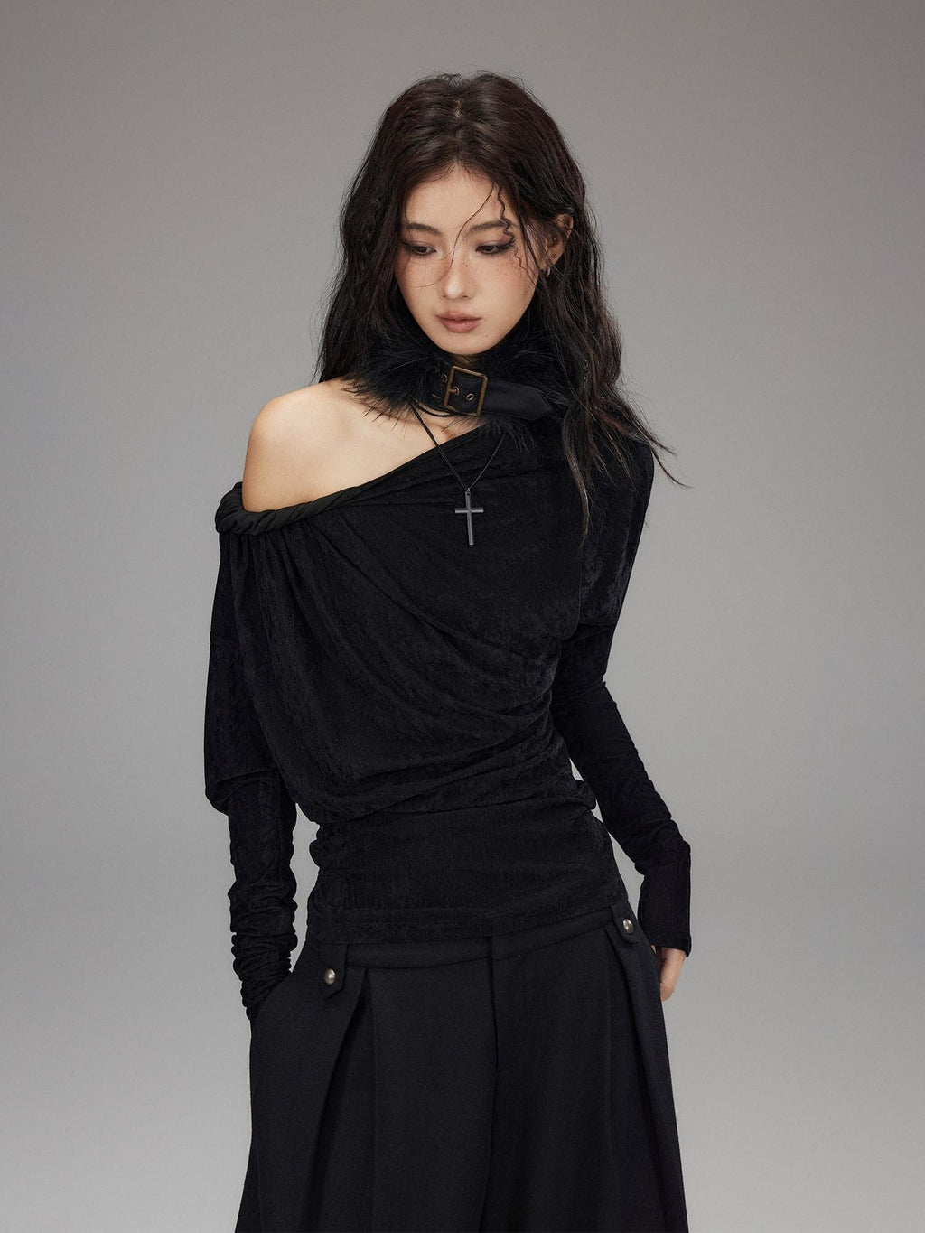 Vintage Waist Long Sleeve Slant Neck Black Knit Women Off Shoulder Crop Tops