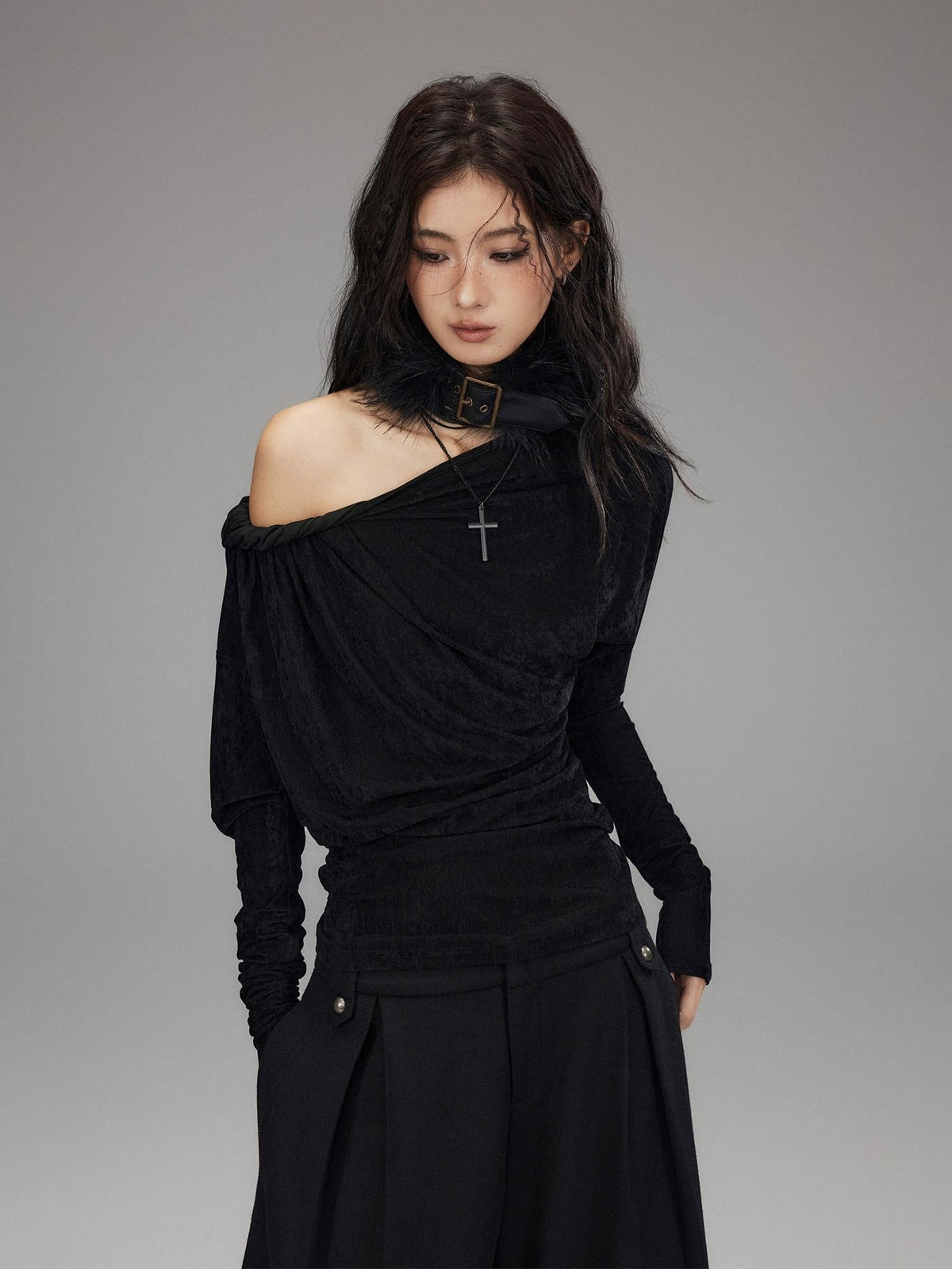 Vintage Waist Long Sleeve Slant Neck Black Knit Women Off Shoulder Crop Tops