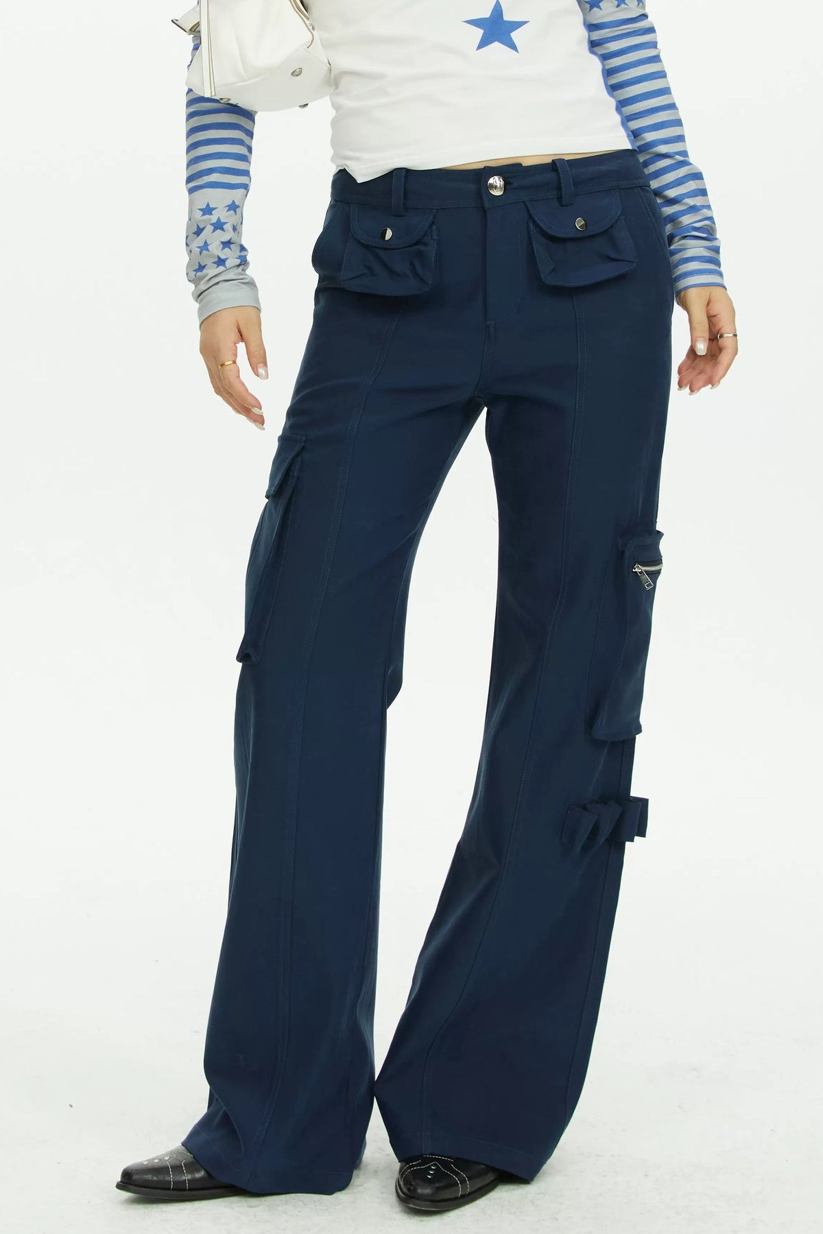 Navy Blue Multi-Pocket Wide-Leg Pants