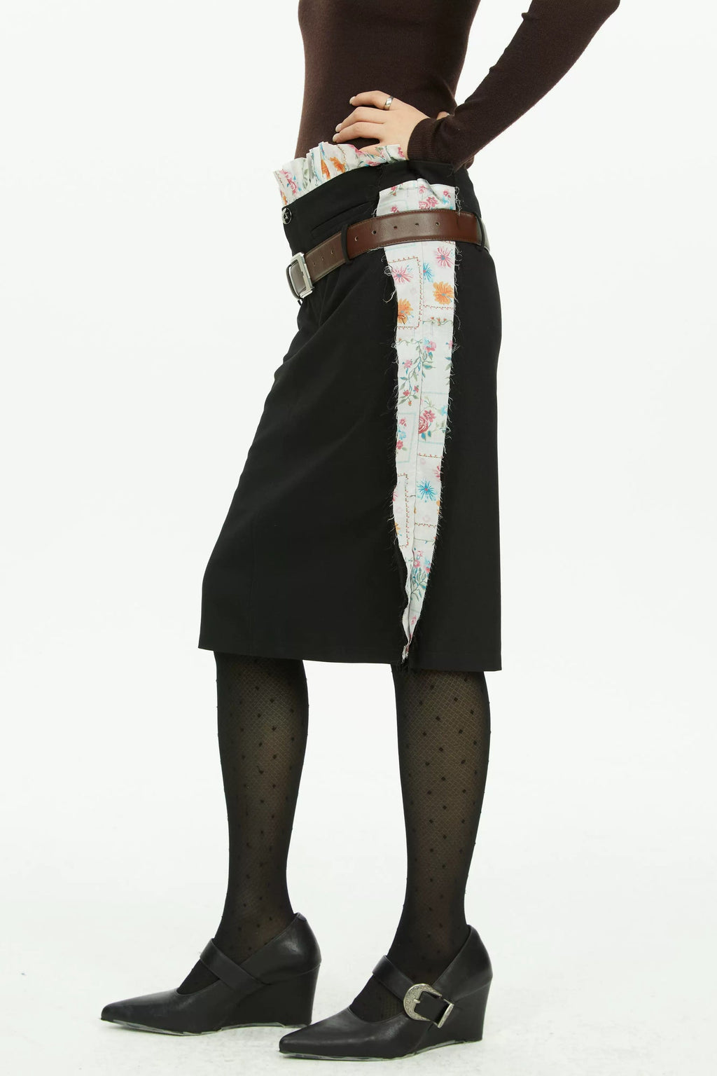 Black Floral Patchwork Wavy Skirt