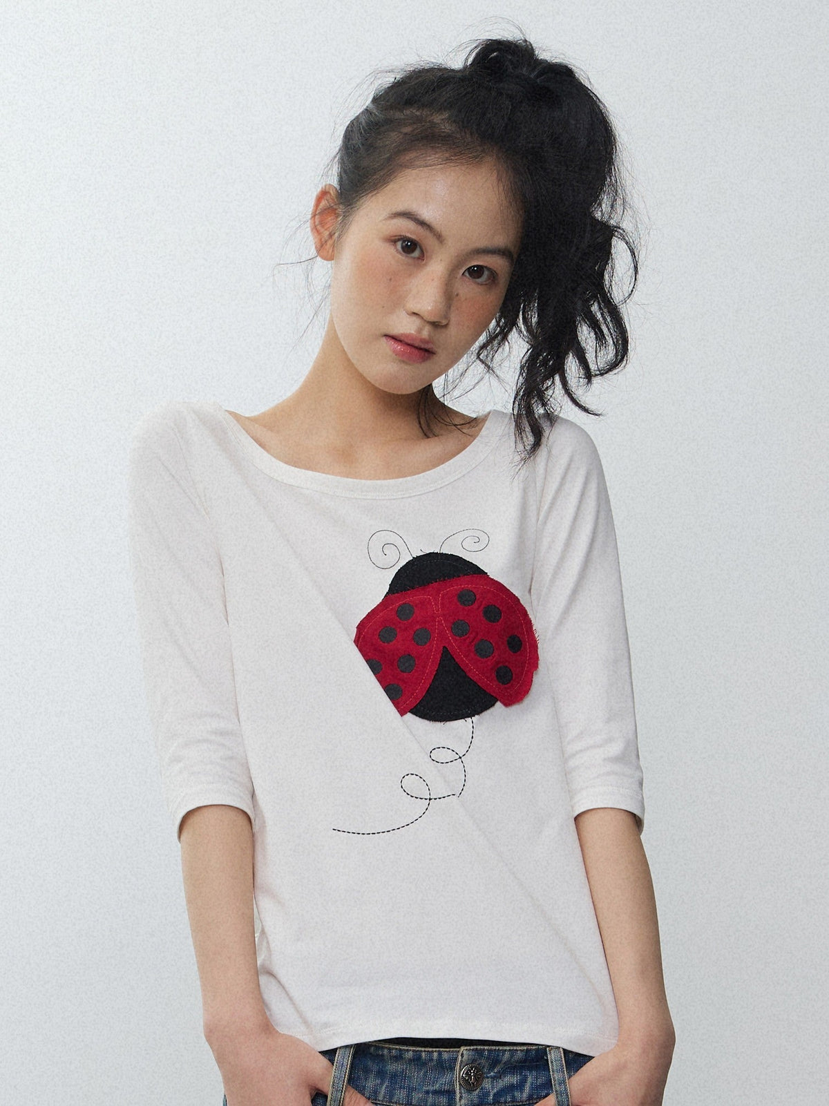 Black White Striped Ladybug Applique Women'S Cotton Short Sleeve T-Shirts