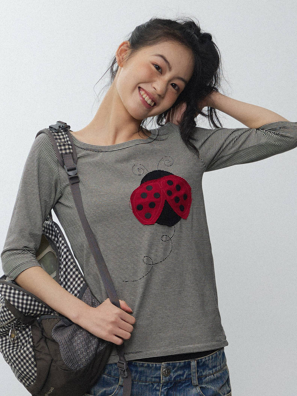 Black White Striped Ladybug Applique Women'S Cotton Short Sleeve T-Shirts