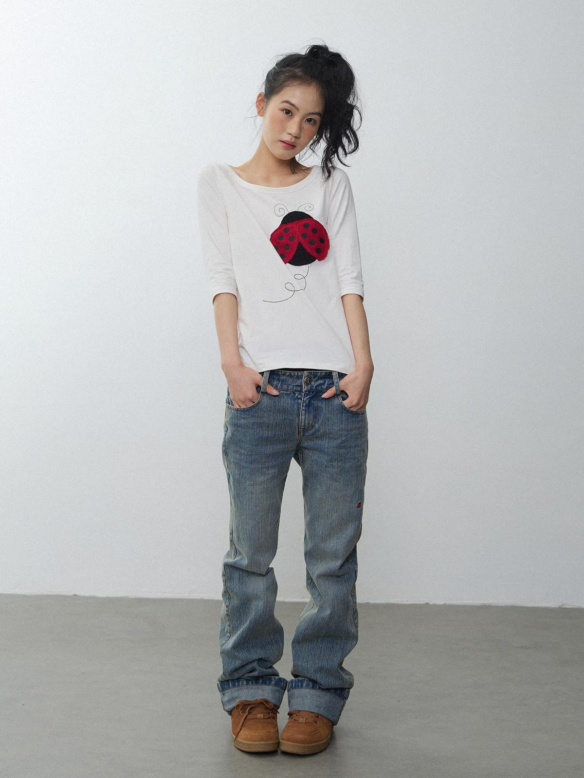 Black White Striped Ladybug Applique Women'S Cotton Short Sleeve T-Shirts