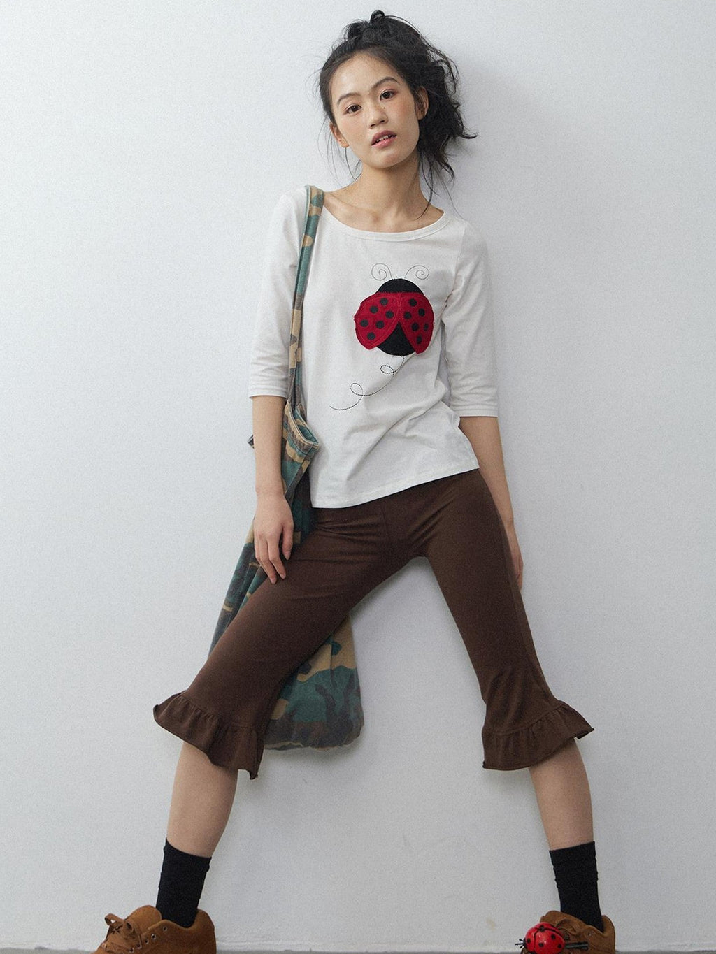 Black White Striped Ladybug Applique Women'S Cotton Short Sleeve T-Shirts