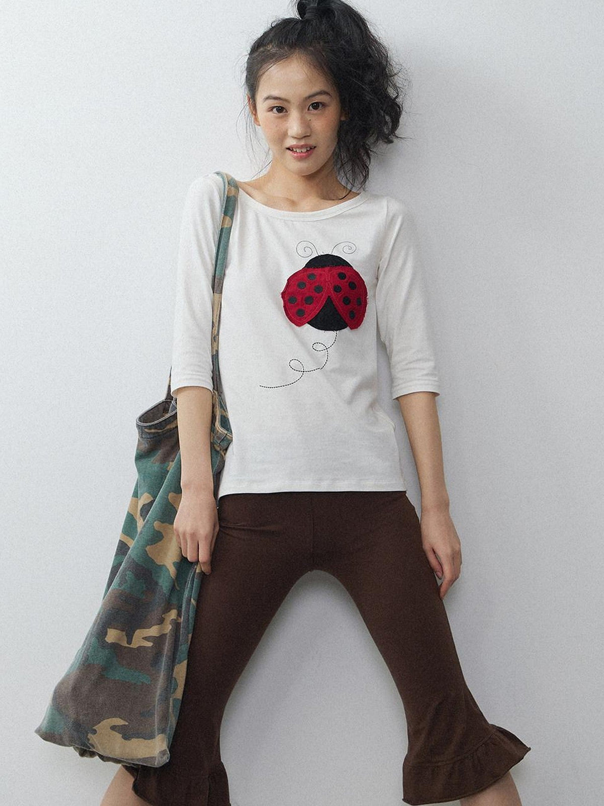 Black White Striped Ladybug Applique Women'S Cotton Short Sleeve T-Shirts