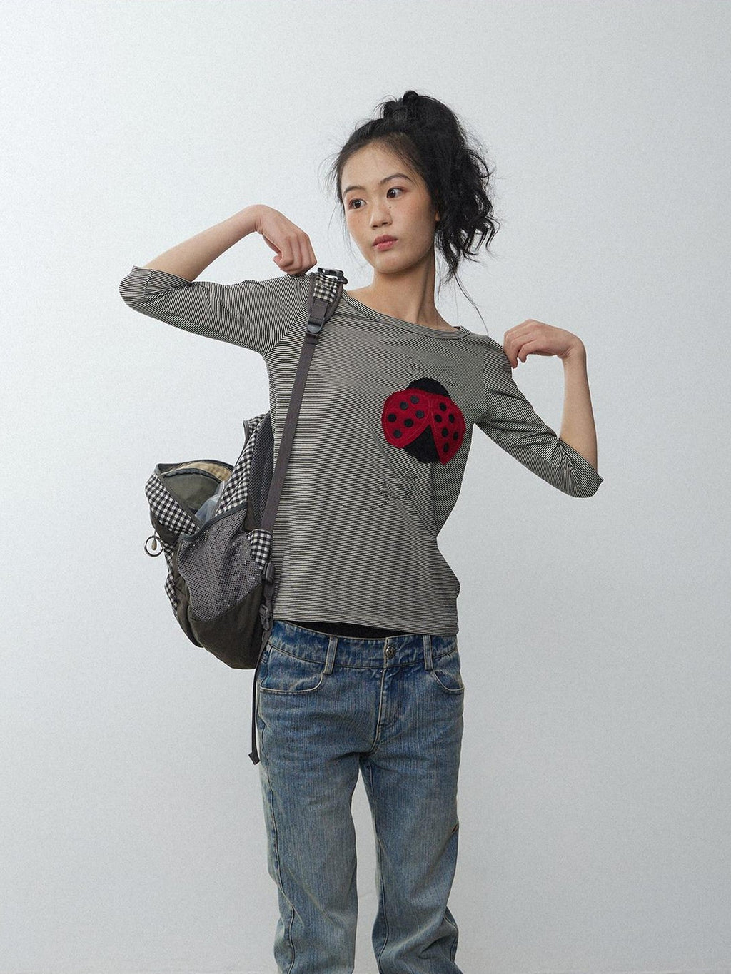 Black White Striped Ladybug Applique Women'S Cotton Short Sleeve T-Shirts