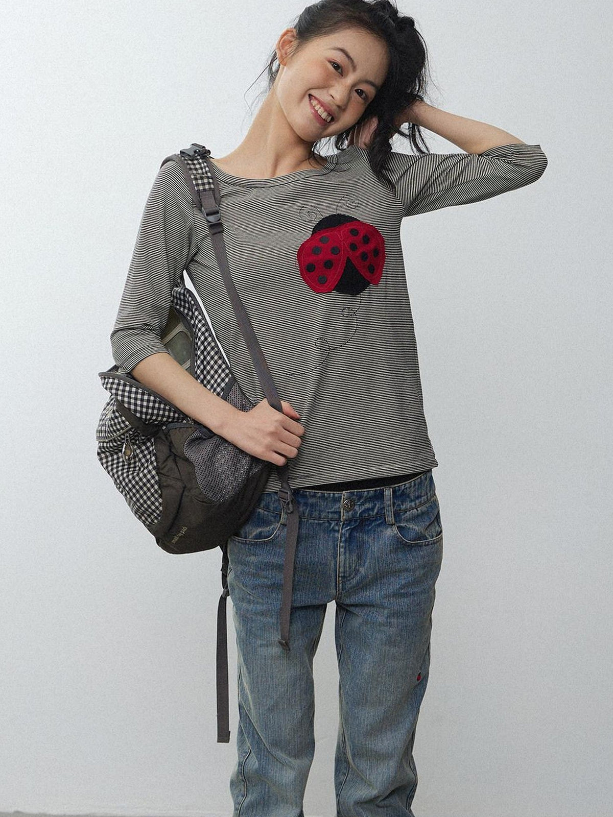 Black White Striped Ladybug Applique Women'S Cotton Short Sleeve T-Shirts