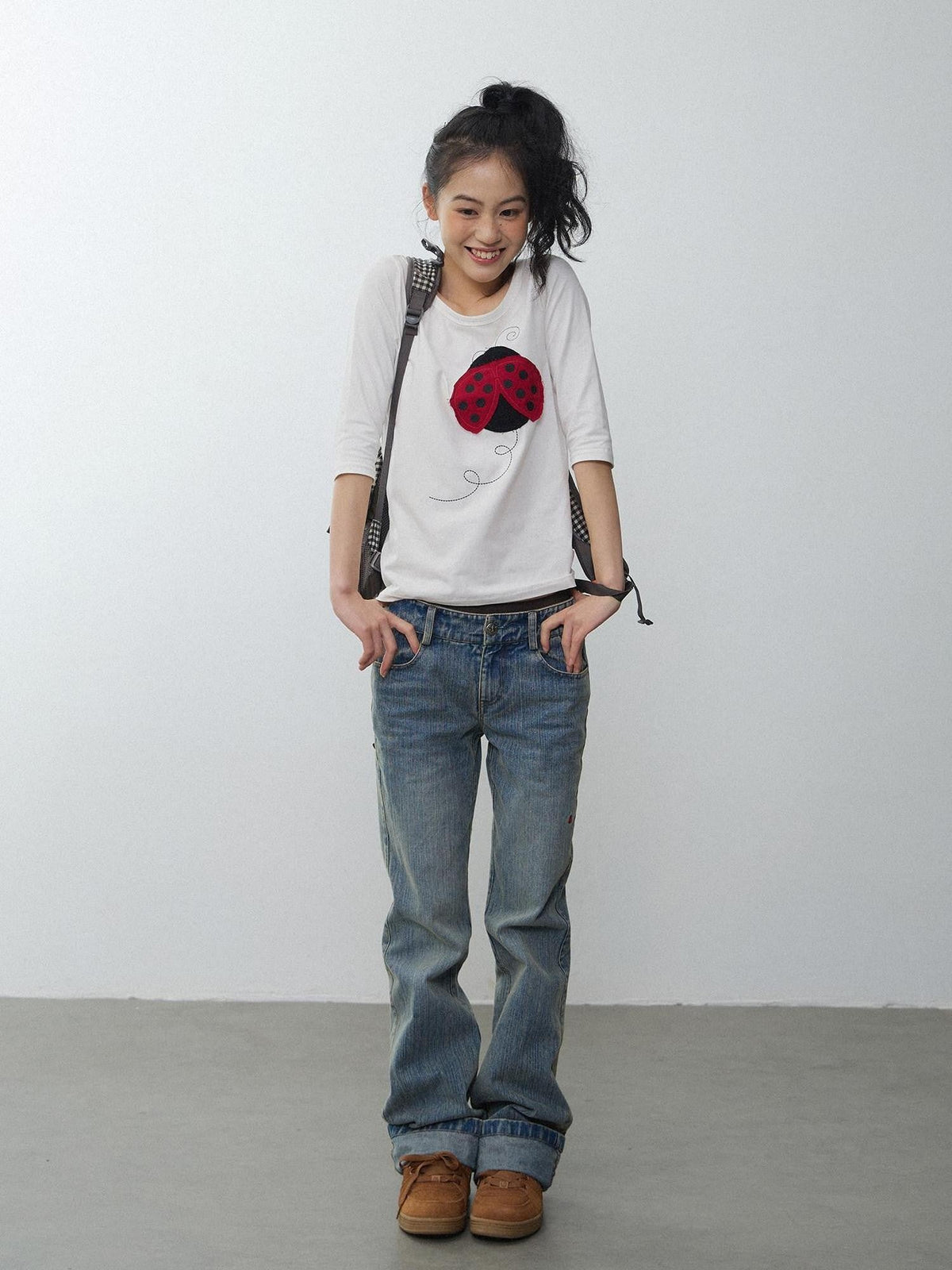 Black White Striped Ladybug Applique Women'S Cotton Short Sleeve T-Shirts