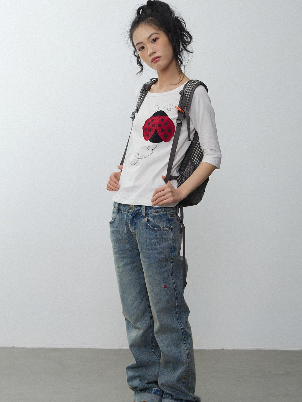 Black White Striped Ladybug Applique Women'S Cotton Short Sleeve T-Shirts