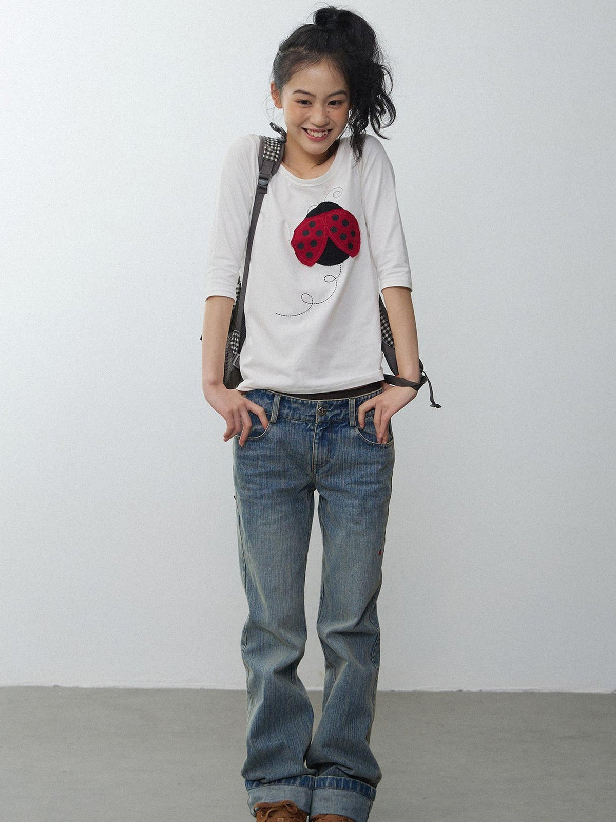 Black White Striped Ladybug Applique Women'S Cotton Short Sleeve T-Shirts