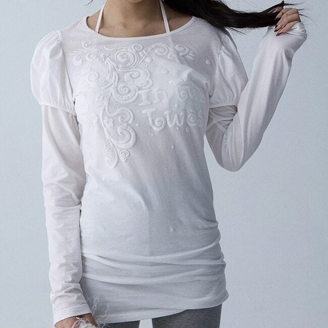 Blue Puff Sleeve Faux Layered Letter Print Women'S Long Sleeve T-Shirts