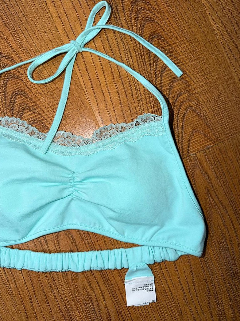 Mint Green Colorful Lace Halter Women's Stretch Cotton Bikinis