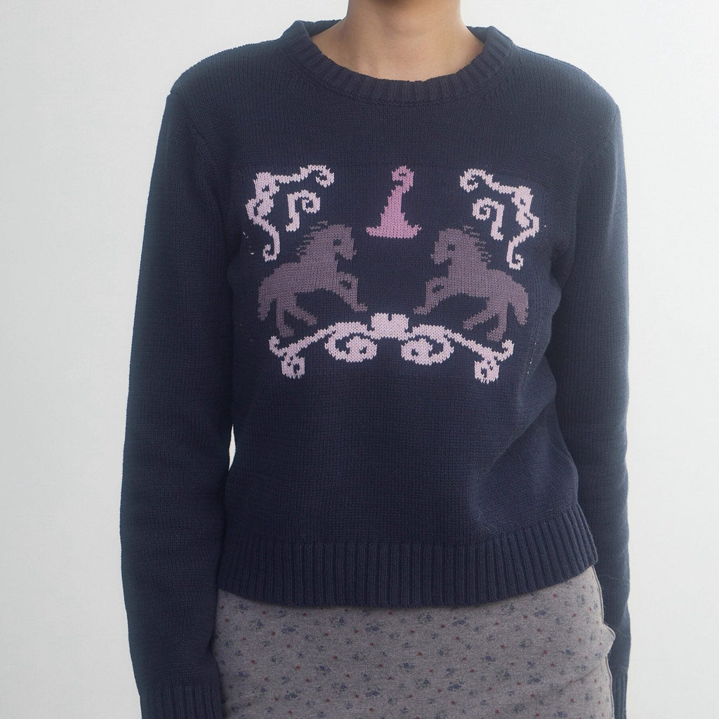Retro Fairy Tale Pony Intarsia Knit Women'S Cotton Acrylic Blend Sweaters