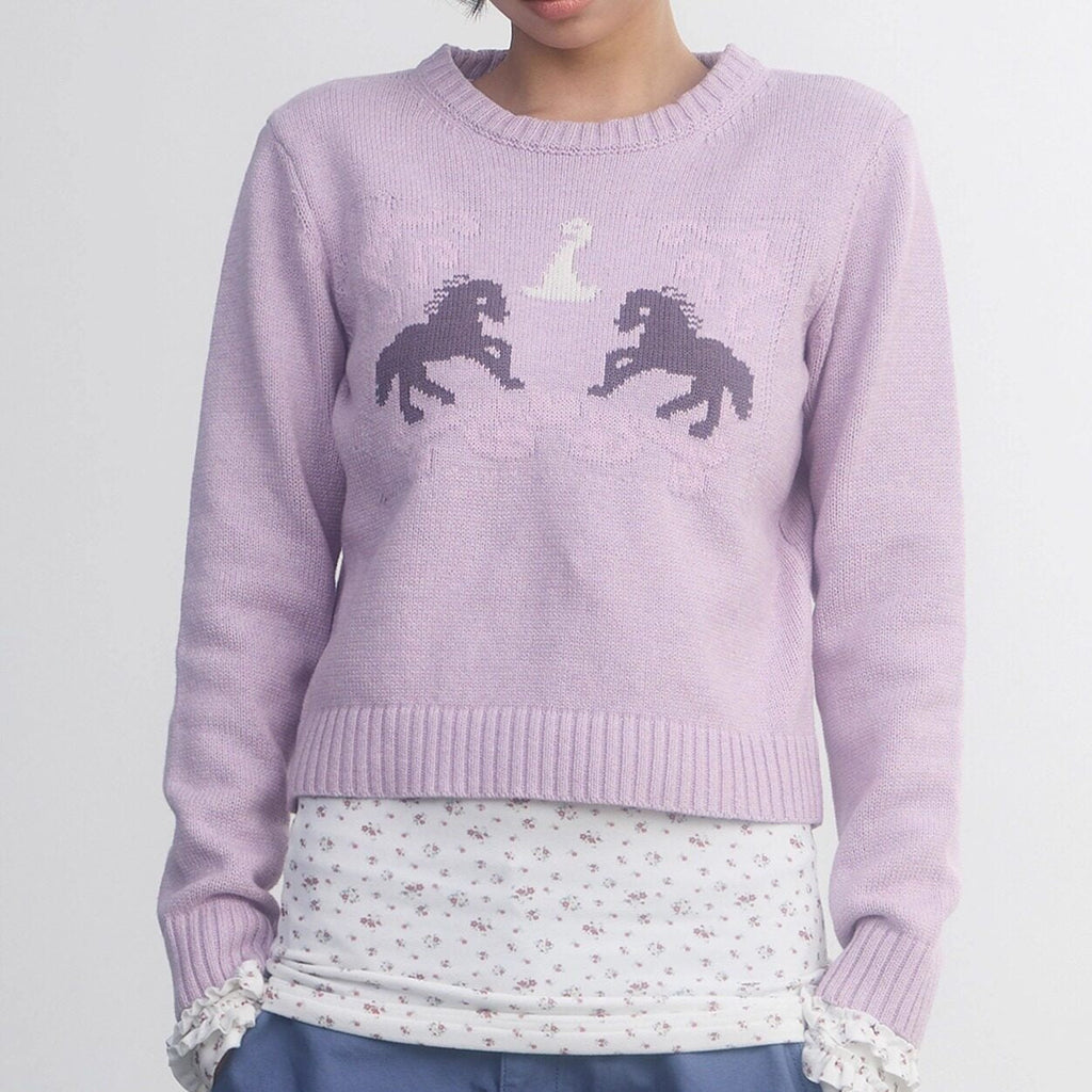Retro Fairy Tale Pony Intarsia Knit Women'S Cotton Acrylic Blend Sweaters