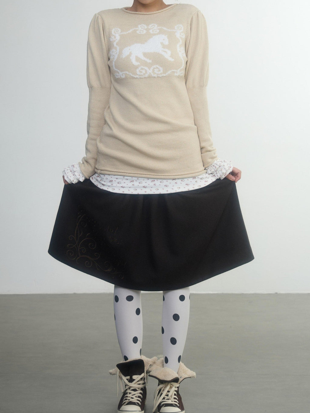 Vintage Fairy Tale Embroidered Layered Women'S Wool Tweed Midi Skirts