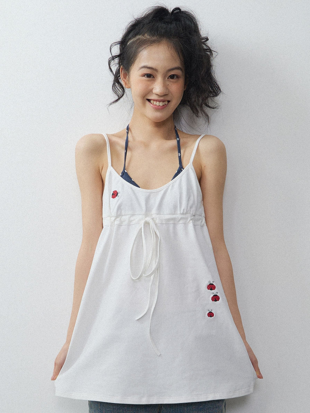 Vintage Ladybug Embroidered Layered Slip Style Women'S Camisoles
