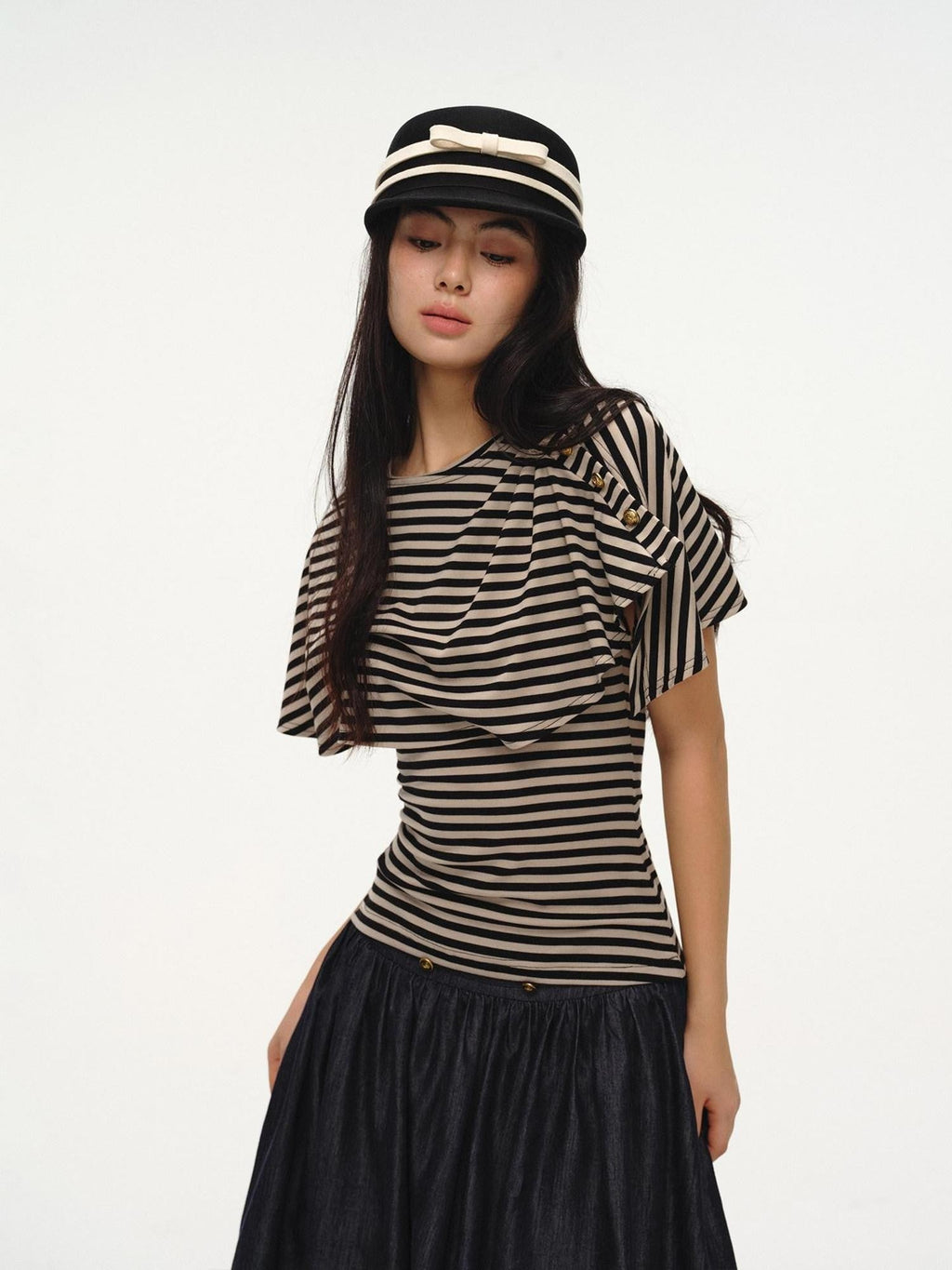 Black Striped Buttoned Shawl V-neck Slim Fit Women's Tank Tops
